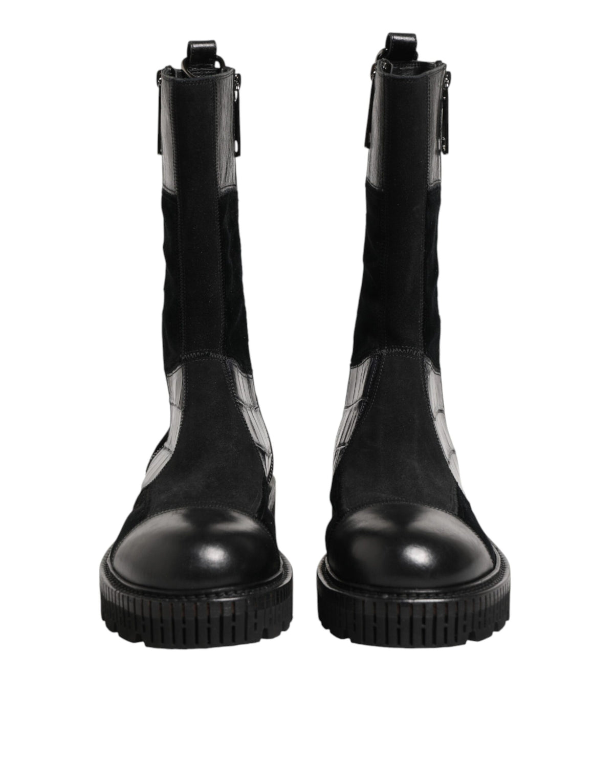 Indulge in the exquisite Dolce & Gabbana Black Patchwork Leather Mid Calf Boot, a masterpiece of Italian craftsmanship blending luxurious horse and crocodile leather for timeless elegance.