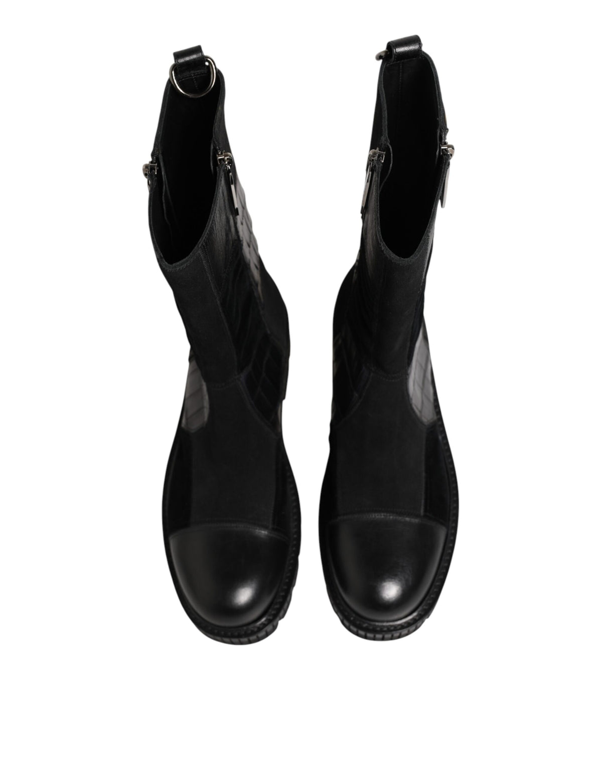 Indulge in the exquisite Dolce & Gabbana Black Patchwork Leather Mid Calf Boot, where luxurious horse and crocodile leather meet timeless Italian craftsmanship for an elevated style statement.