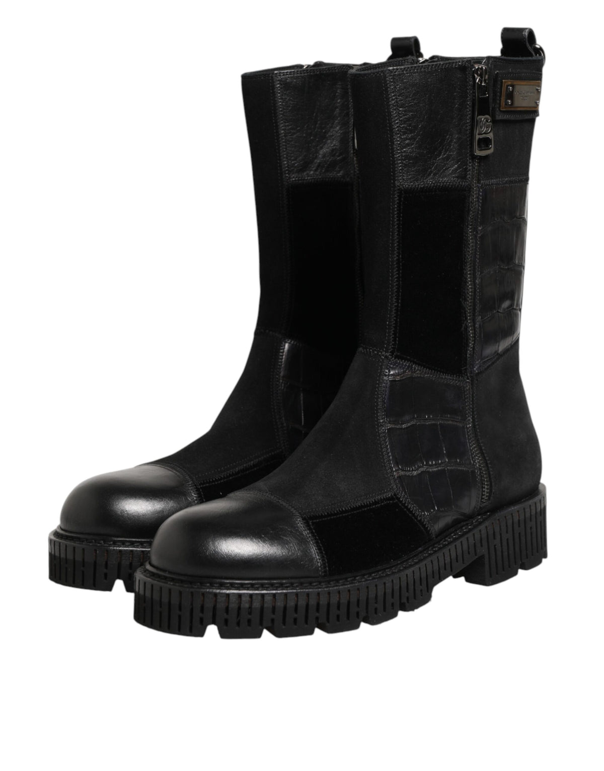 Indulge in the exquisite Dolce & Gabbana Black Patchwork Leather Mid Calf Boot, a masterpiece of Italian craftsmanship blending luxurious horse and crocodile leather for timeless elegance.