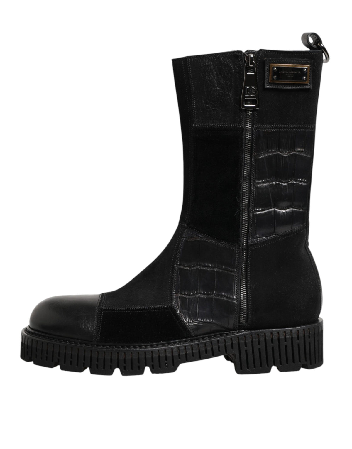 Indulge in the exquisite Dolce & Gabbana Black Patchwork Leather Mid Calf Boot, where luxurious horse and crocodile leather meet unparalleled Italian craftsmanship for timeless elegance.