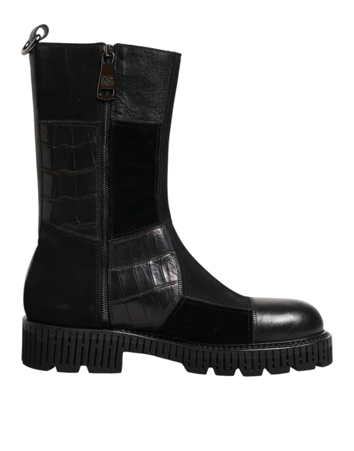 Indulge in the exquisite Dolce & Gabbana Black Patchwork Leather Mid Calf Boot, where luxurious horse and crocodile leather meet timeless Italian craftsmanship for an unparalleled statement of elegance.