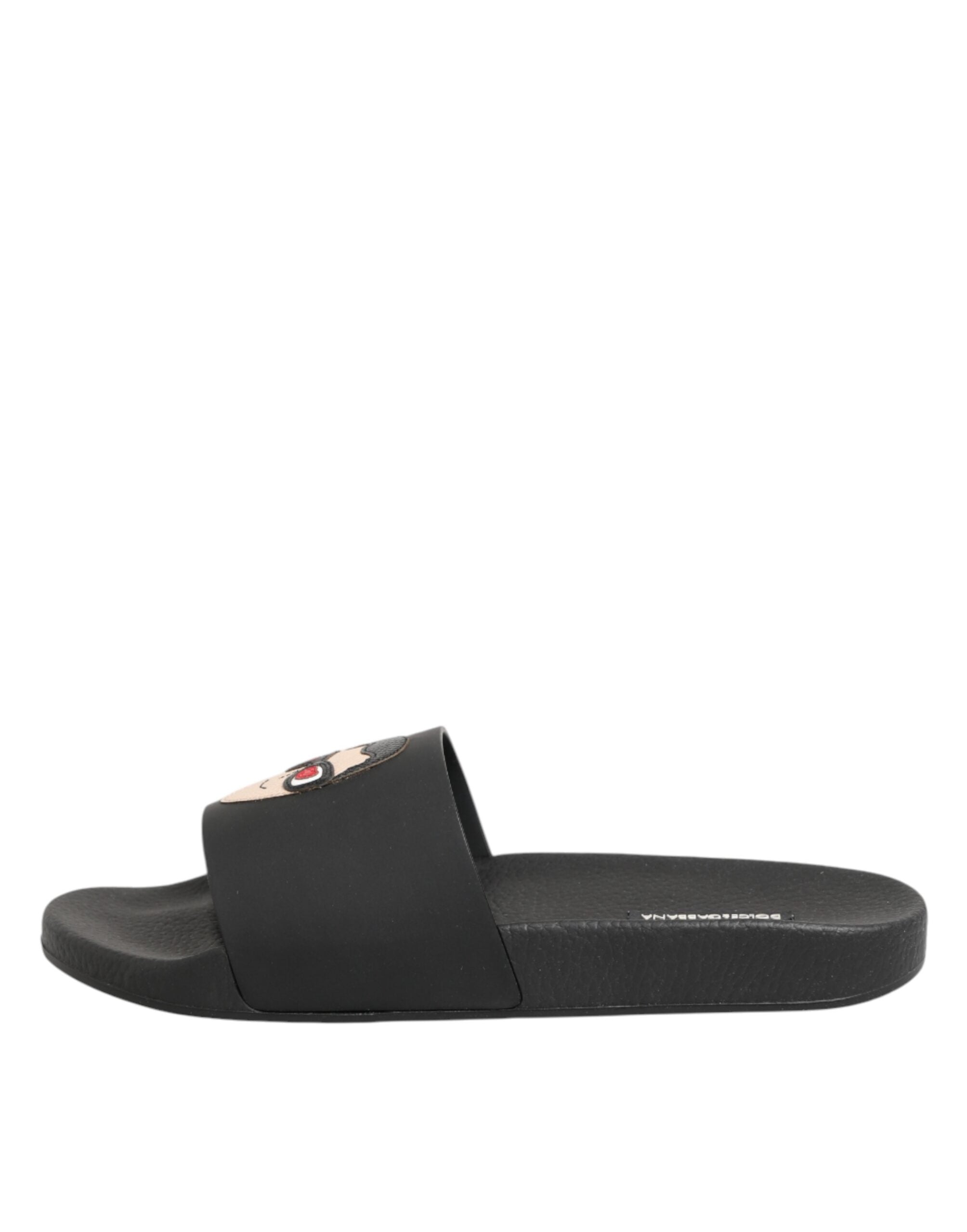 Dolce & Gabbana Black Leather Slides Sandals Beachwear Shoes