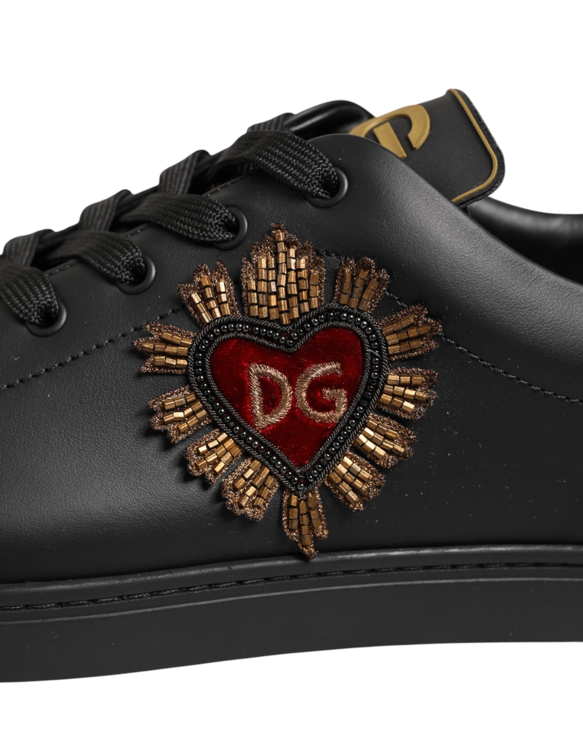 Dolce & Gabbana Black Leather Heart Embellished Sneakers Shoes