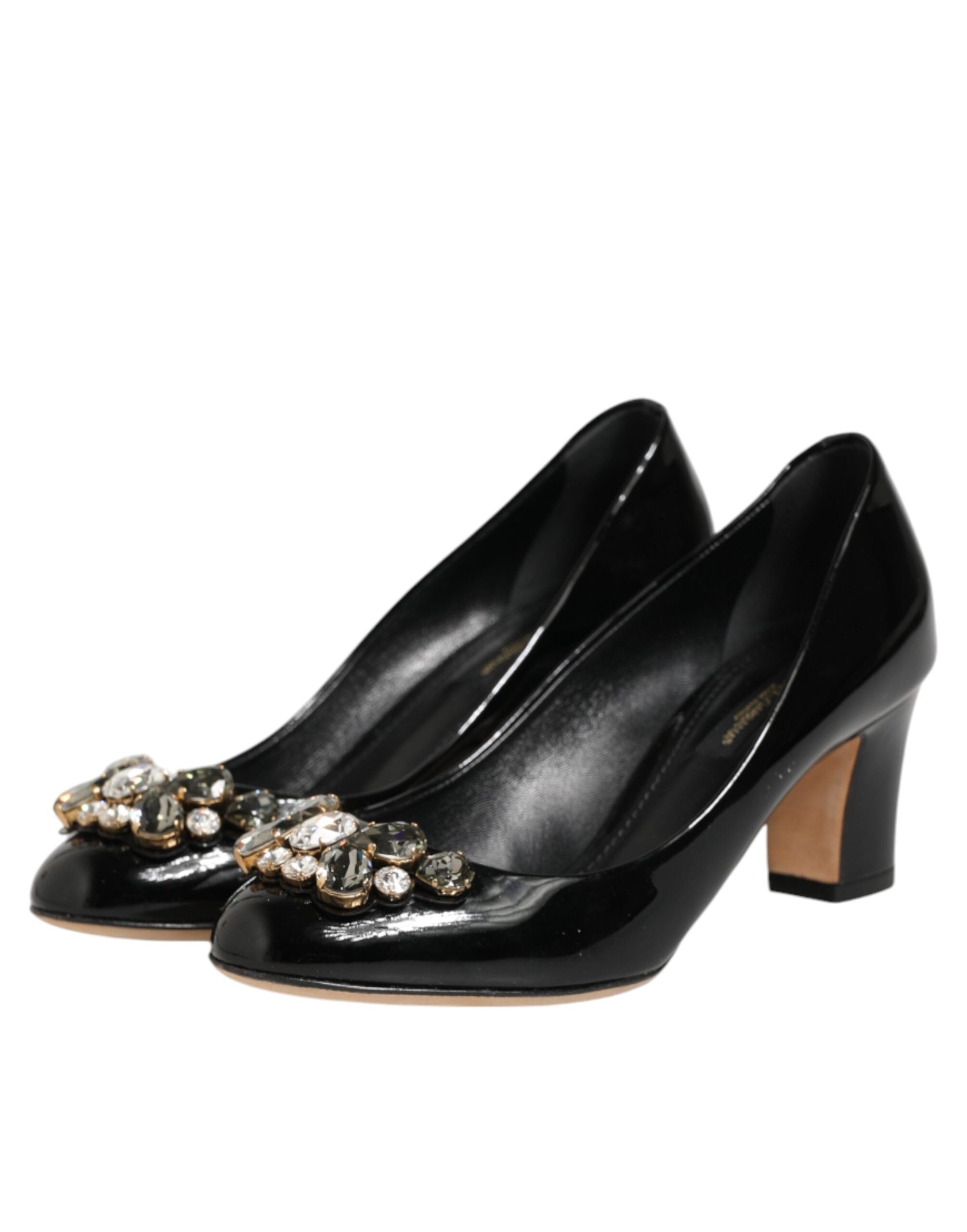 Dolce & Gabbana Black Leather Crystals Heels Pumps Shoes