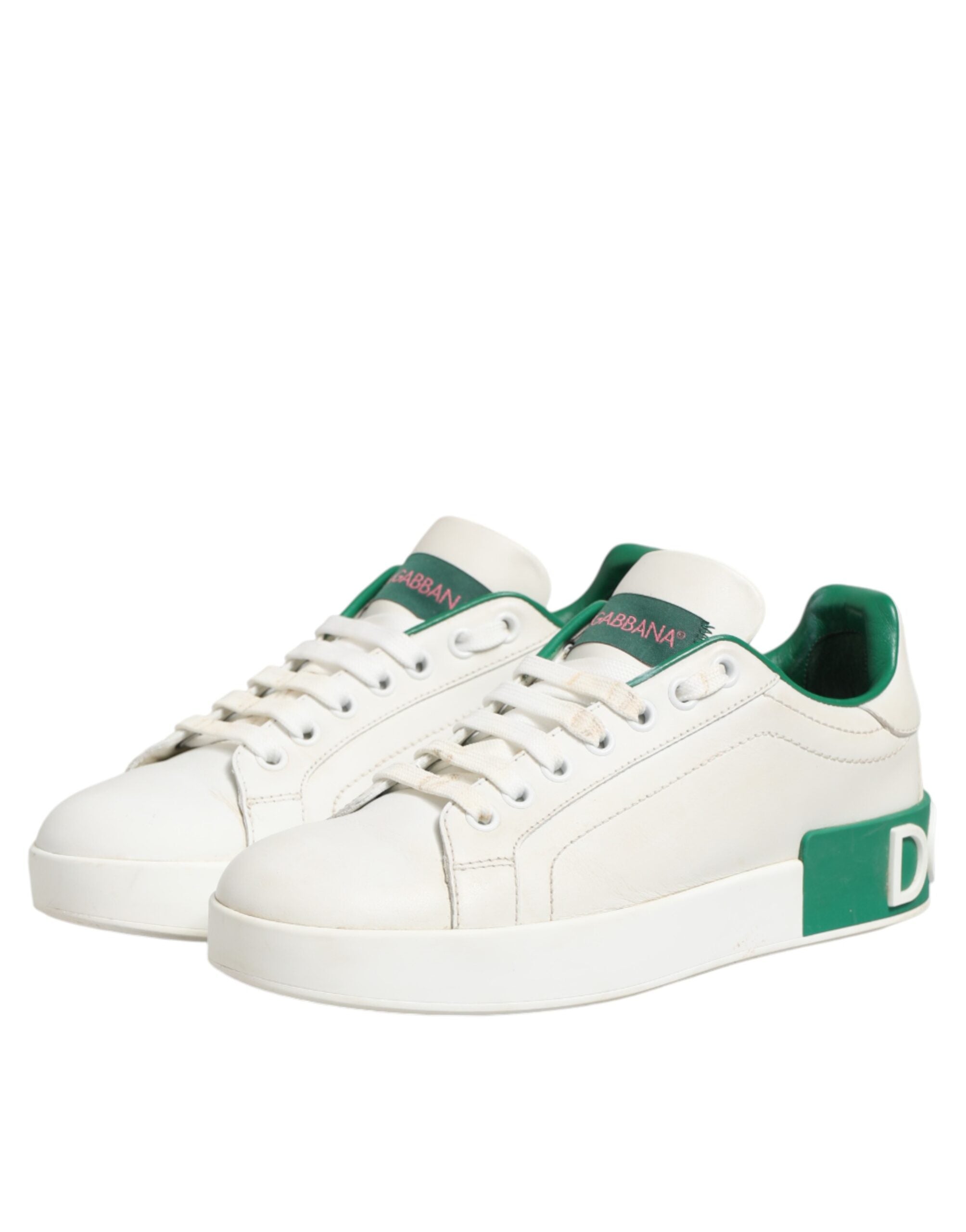 Dolce & Gabbana White Green Leather Low Top Sneakers Shoes