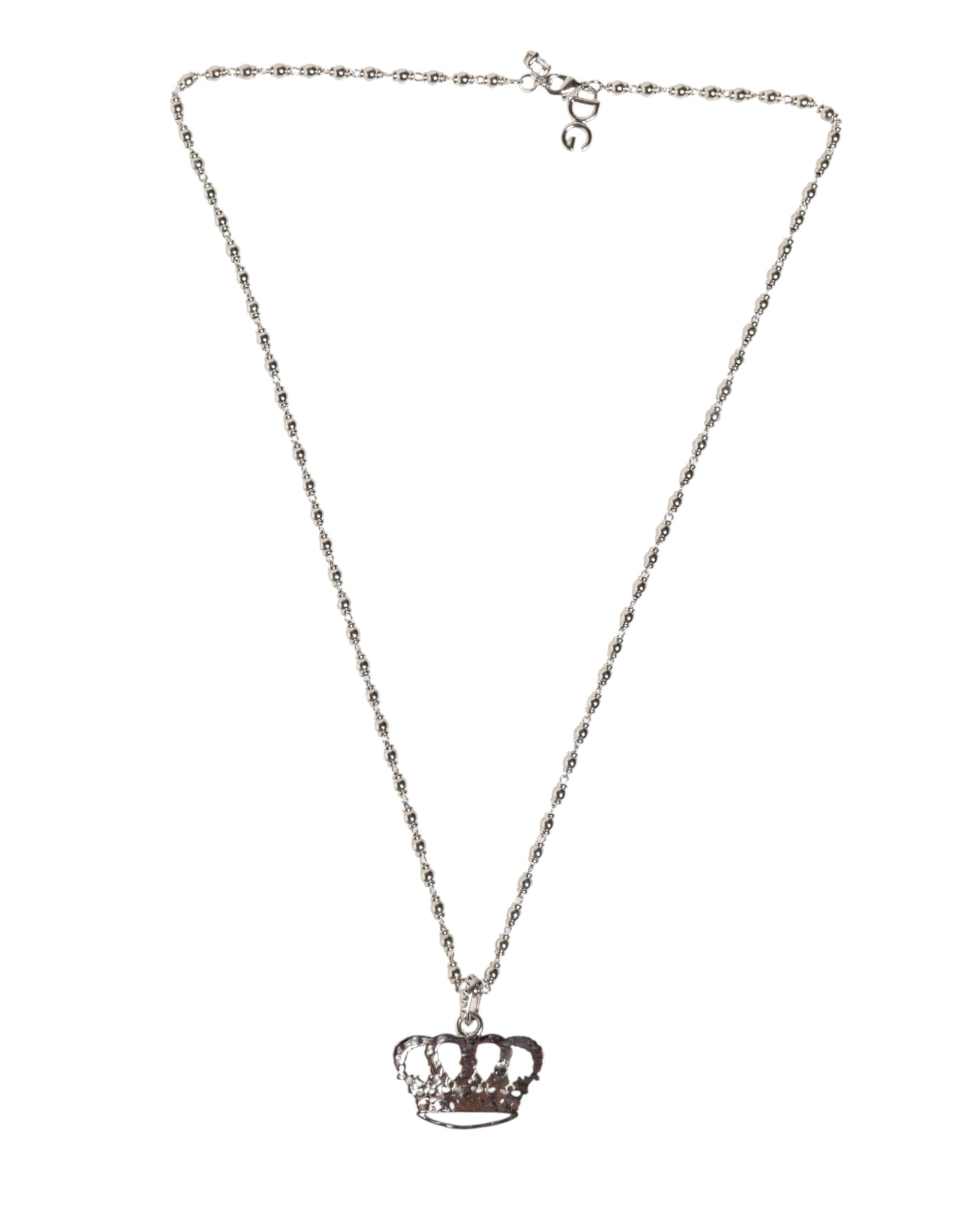 Dolce & Gabbana Silver Tone Brass Chain Crown Crystal Pendant Necklace