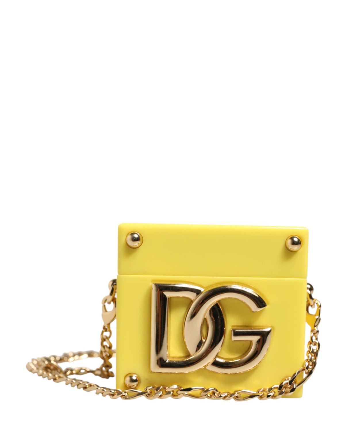 Indulge in the exquisite Dolce & Gabbana Yellow DG Logo Plaque AirPods Case, a luxurious blend of elegance and practicality, crafted for the discerning individual.
