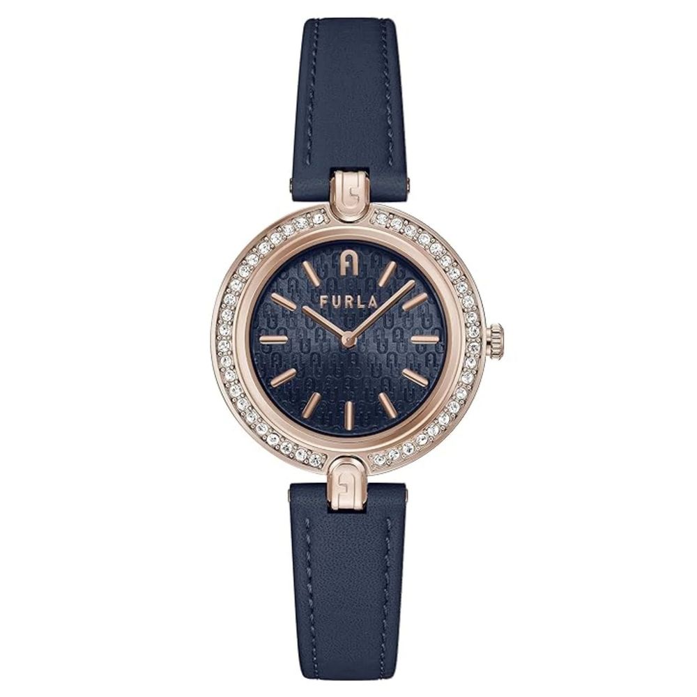 Discover the Furla Blue Leather Dress Watch, a masterpiece of craftsmanship with a pink stainless steel case and blue leather bracelet, embodying timeless elegance and sophistication.