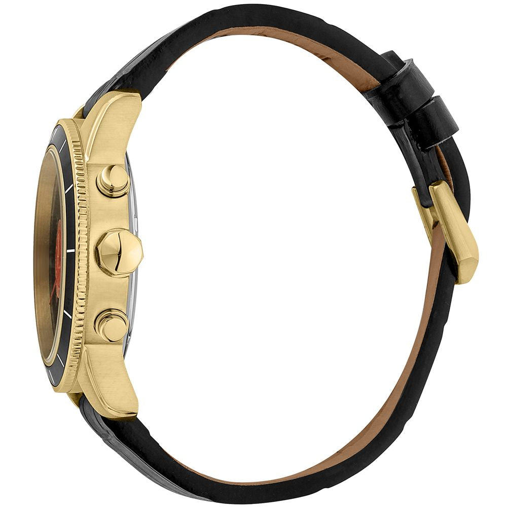 Elevate your style with the Just Cavalli Black Leather Watch, a luxurious timepiece featuring a stunning multicolored dial and golden stainless steel, perfect for any occasion.