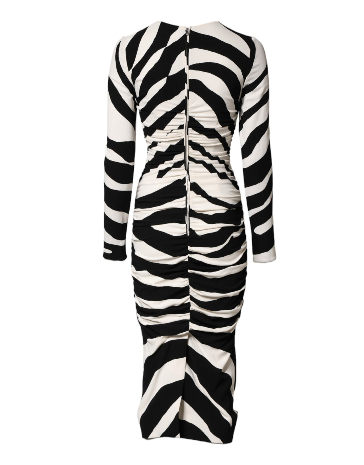 Elevate your wardrobe with the Dolce & Gabbana Black White Zebra Viscose Sheath Midi Dress, a masterpiece of Italian craftsmanship that embodies luxury and timeless elegance.