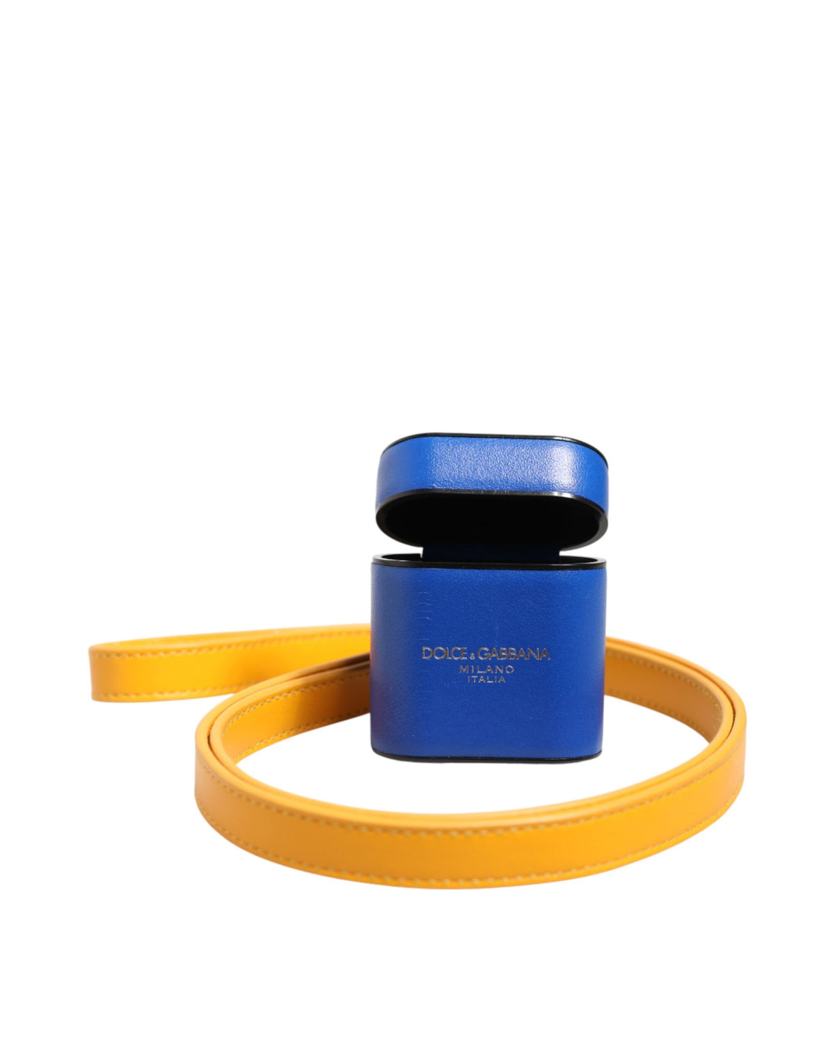Indulge in the exquisite Dolce & Gabbana Blue Yellow Calfskin Leather Airpods Case, a luxurious blend of artistry and sophistication, crafted for the discerning individual.