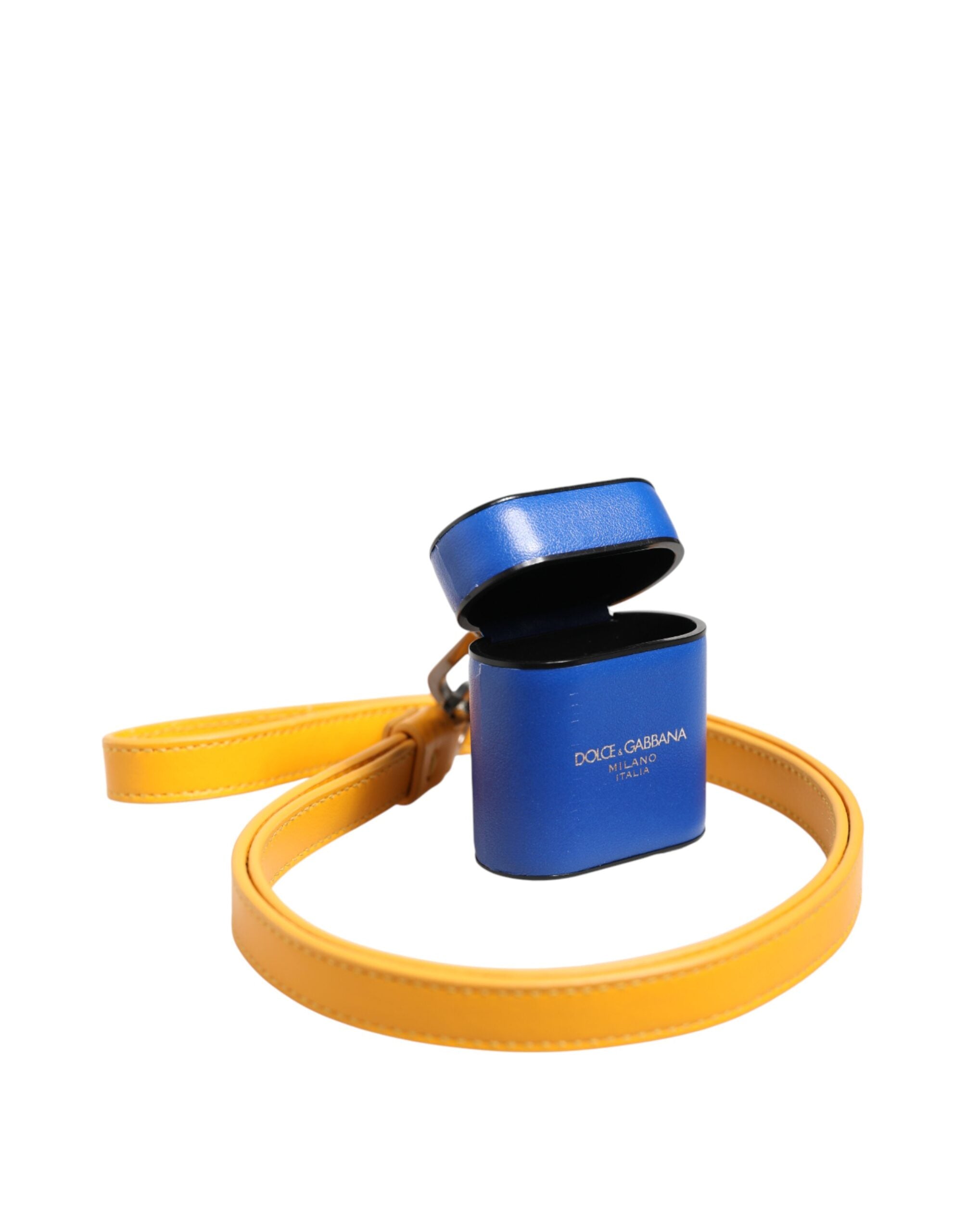 Indulge in the exquisite Dolce & Gabbana Blue Yellow Calfskin Leather Airpods Case, a luxurious fusion of craftsmanship and style, perfect for the discerning individual.