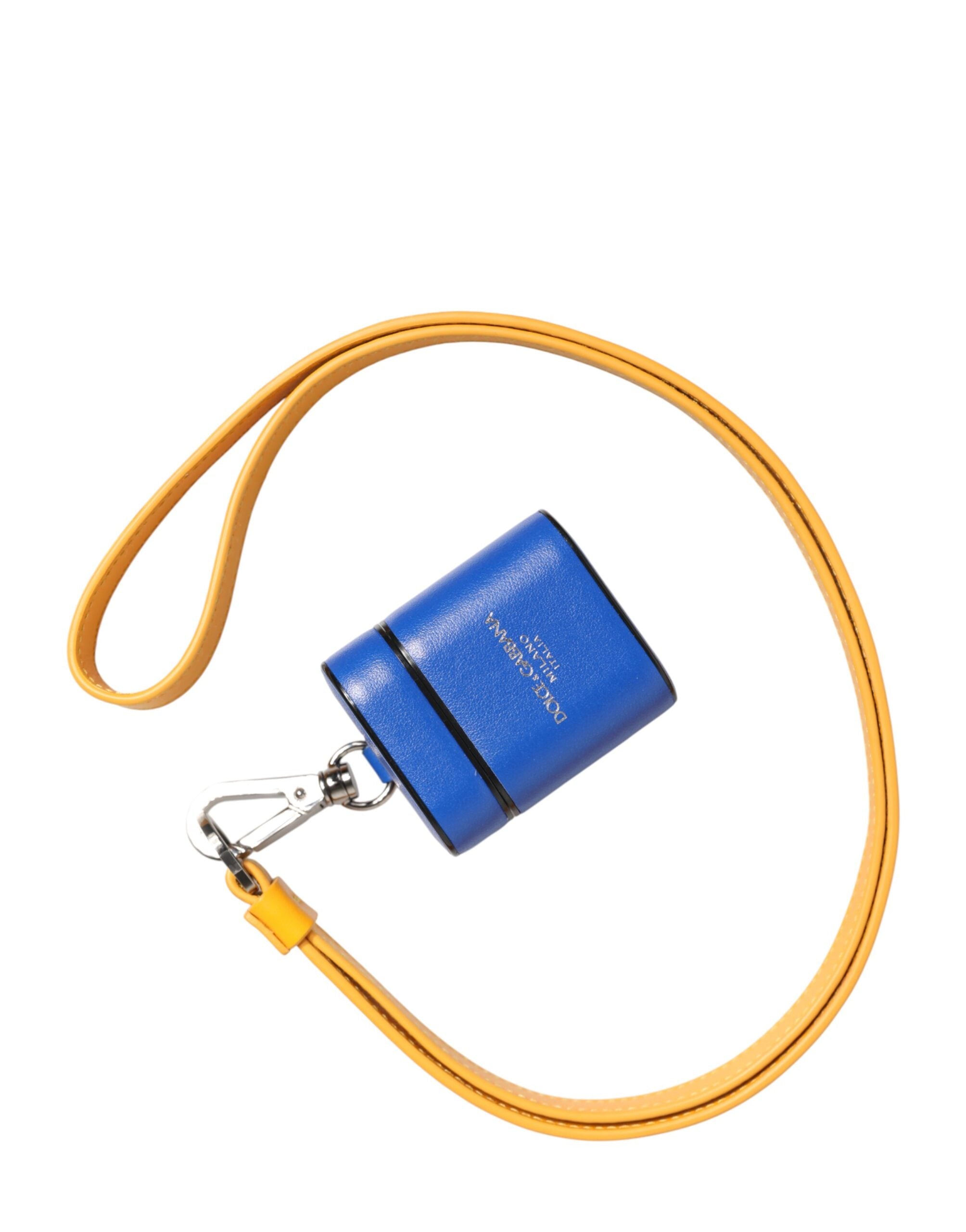 Elevate your style with the Dolce & Gabbana Blue Yellow Calfskin Leather Airpods Case, a luxurious blend of exquisite craftsmanship and bold artistry, perfect for the discerning individual.