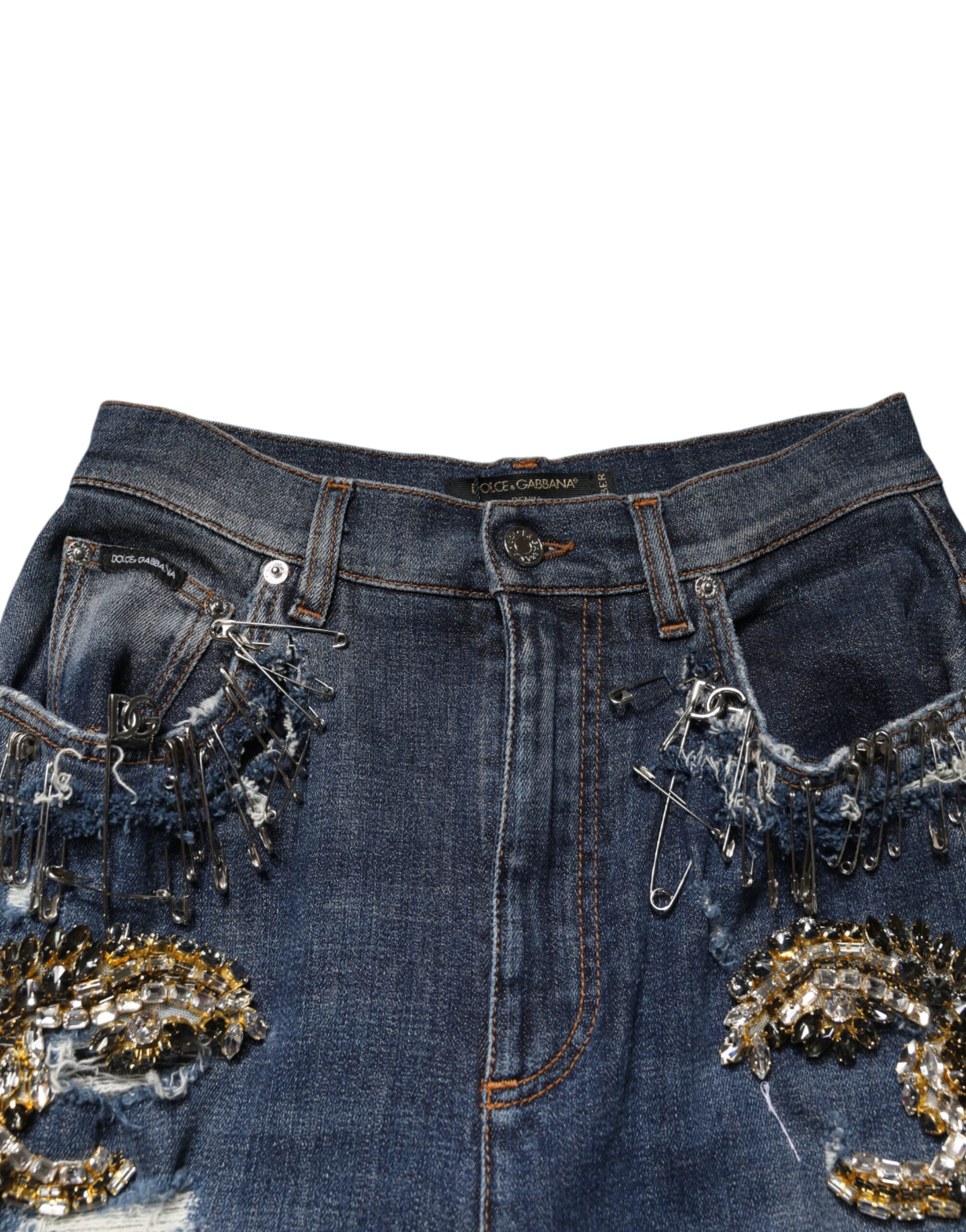 Dolce & Gabbana Blue Cotton Rhinestone Embellish Denim Jeans
