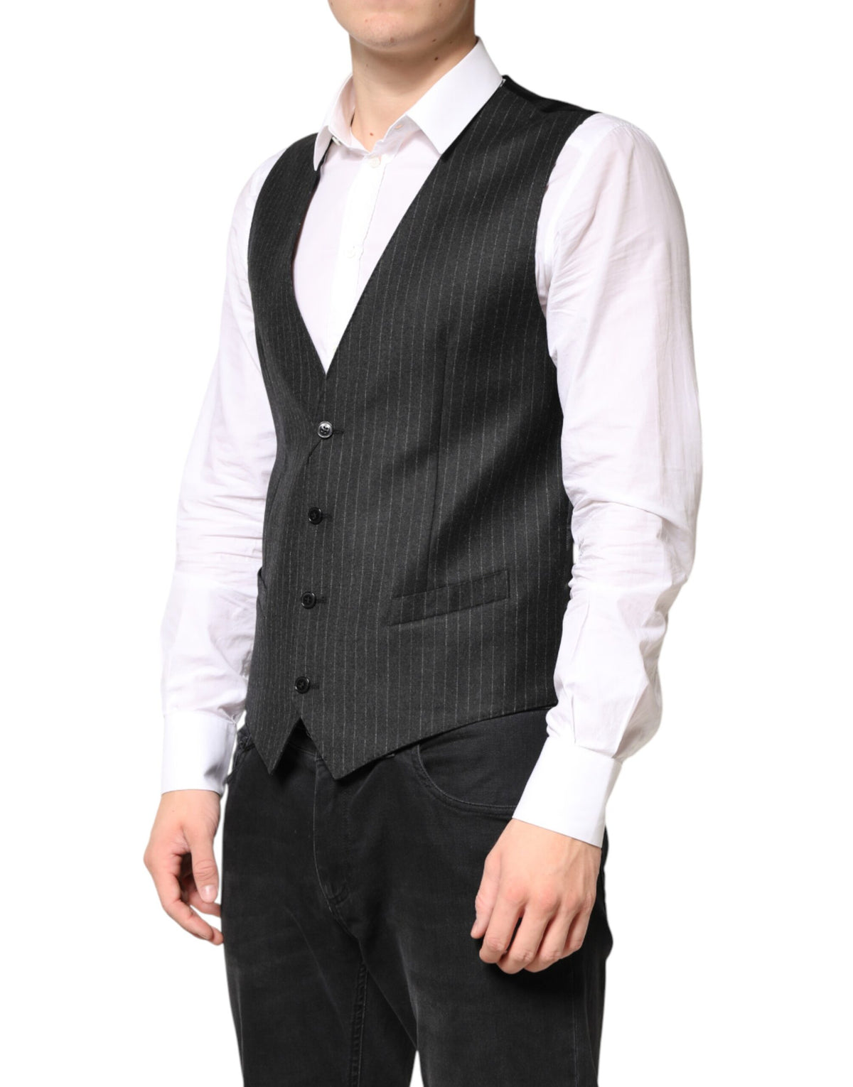 Elevate your elegance with the Dolce & Gabbana Black Stripes Wool Dress Waistcoat Vest, a masterpiece of Italian craftsmanship in 100% virgin wool, perfect for the discerning individual.