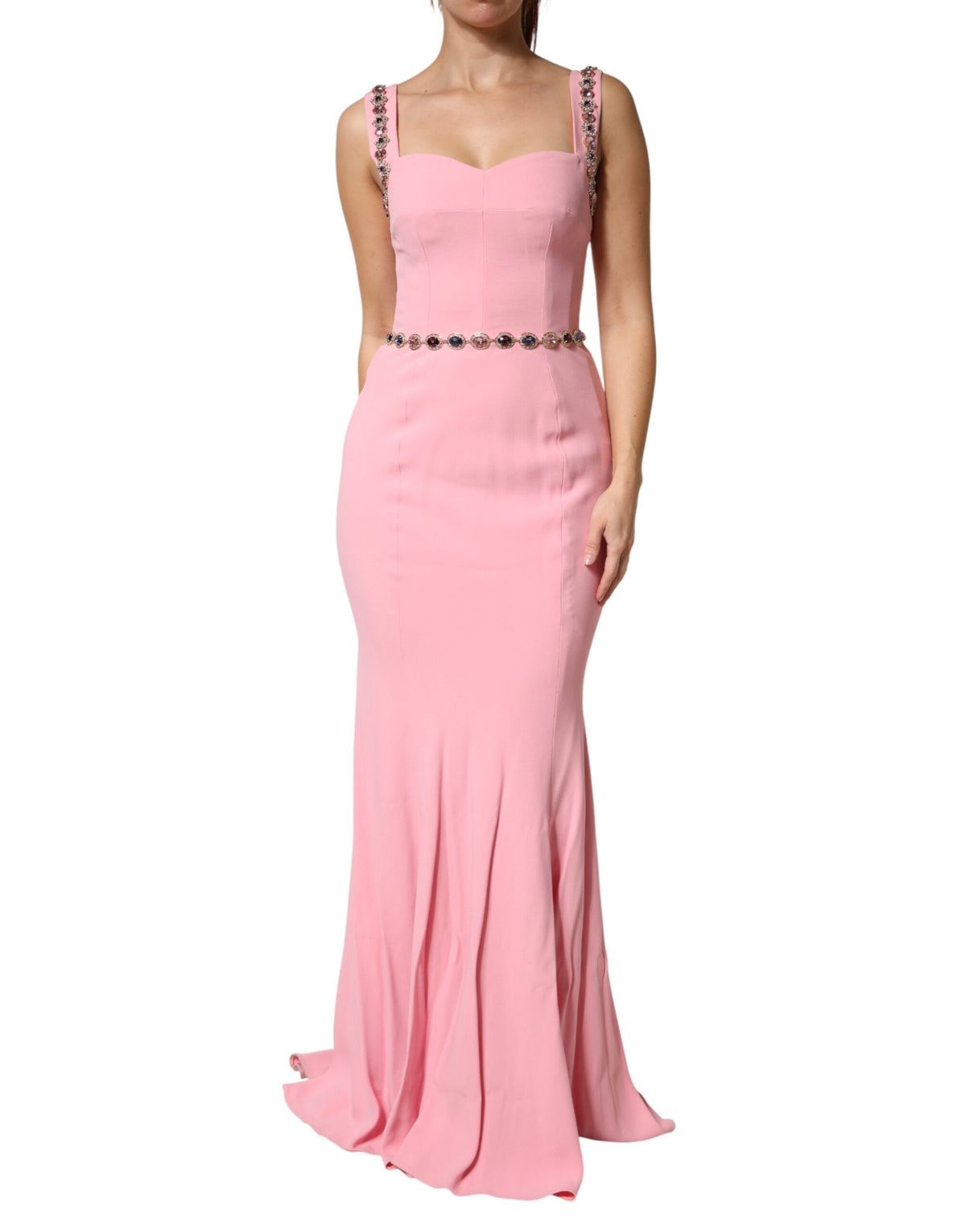 Indulge in the exquisite allure of the Dolce & Gabbana Pink Crystal Sheath Mermaid Gown, a masterpiece of Italian craftsmanship that embodies luxury and sophistication.