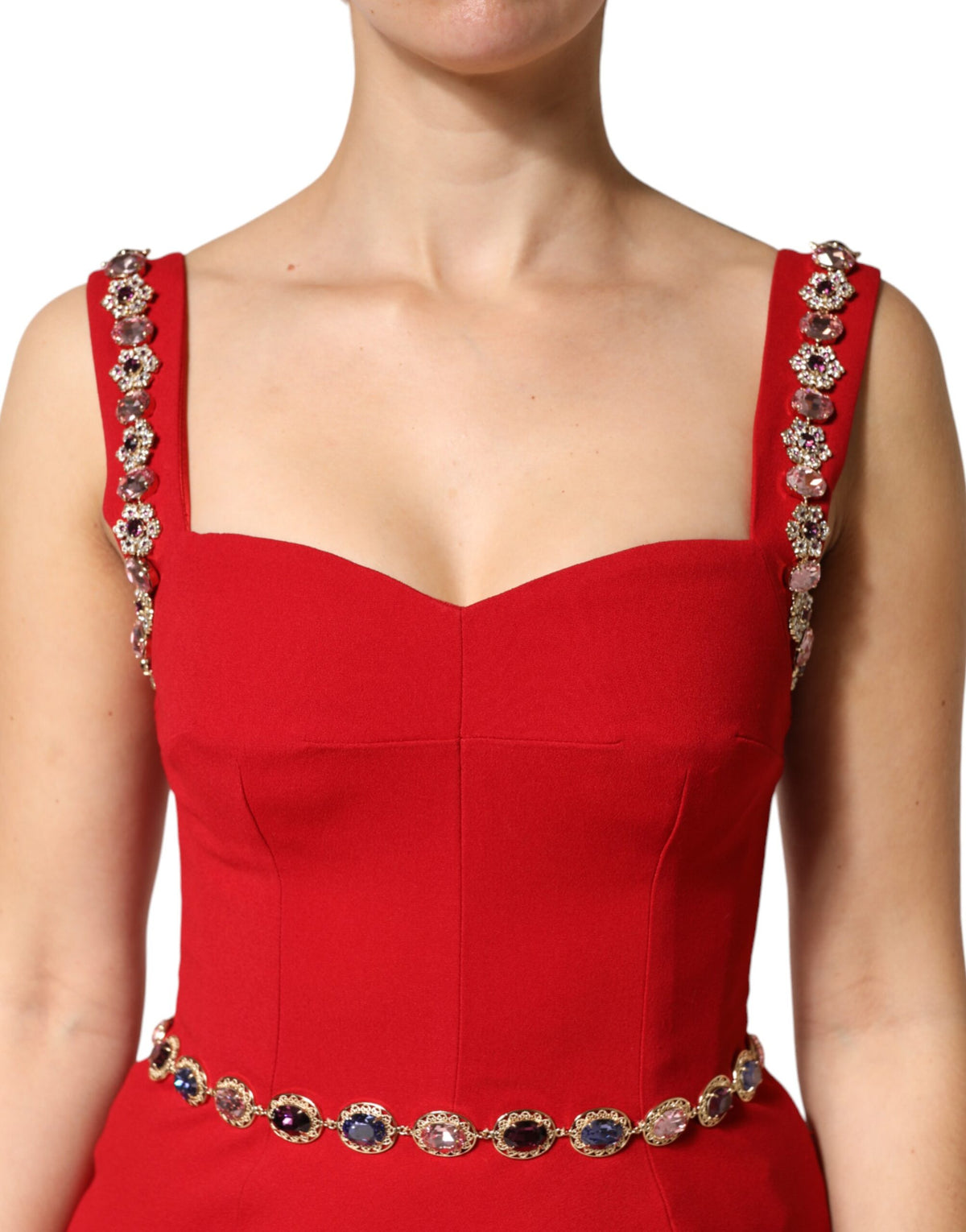 Elevate your elegance with the Dolce & Gabbana Red Embellished Sheath Mermaid Gown, crafted in Italy from luxurious materials, embodying sophistication and allure for any occasion.