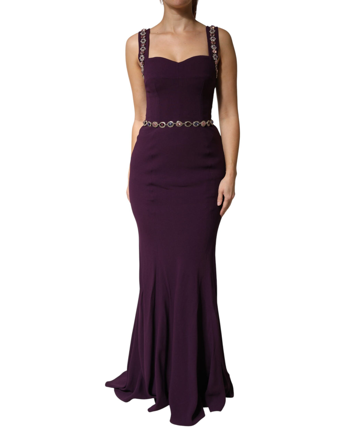Indulge in the exquisite Dolce & Gabbana Violet Embellished Sheath Mermaid Gown, a masterpiece of Italian craftsmanship that embodies luxury and sophistication for unforgettable moments.
