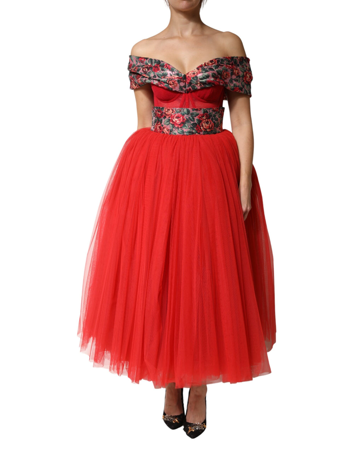 Indulge in the exquisite allure of the Dolce & Gabbana Red Floral Off Shoulder A-line Gown, a masterpiece of Italian craftsmanship that embodies timeless elegance and sensual sophistication.