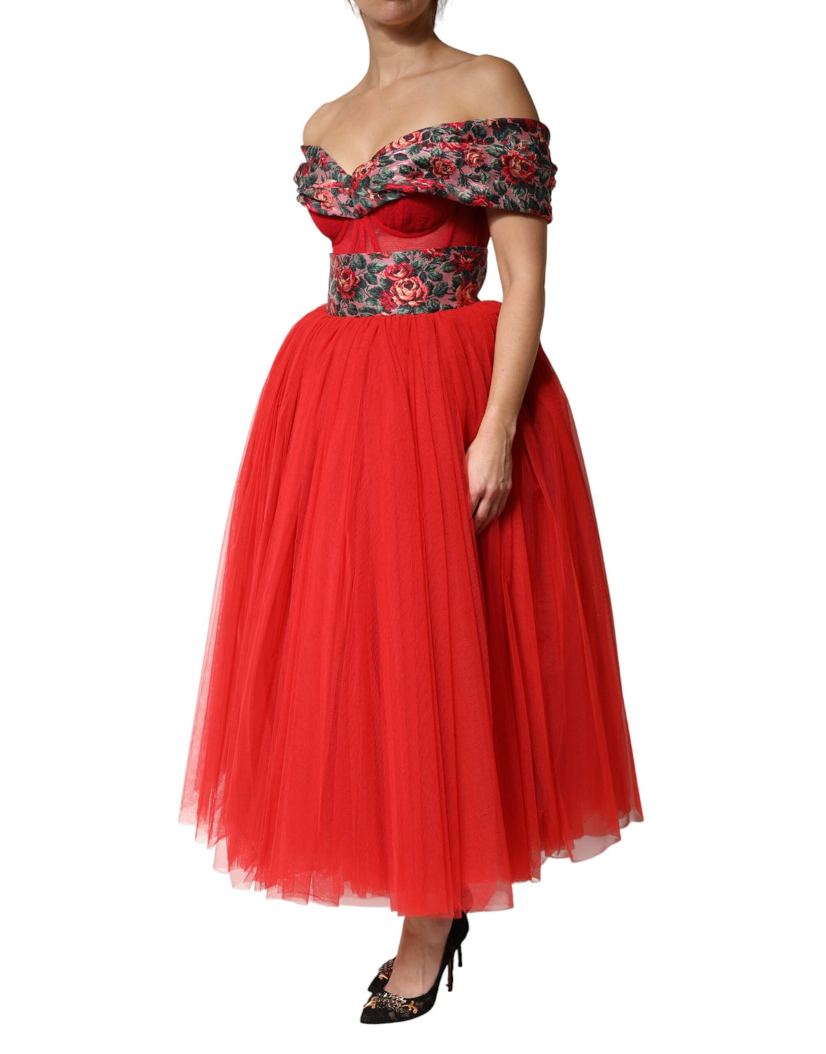 Indulge in the exquisite allure of the Dolce & Gabbana Red Floral Off Shoulder A-line Gown, a masterpiece of Italian craftsmanship that embodies timeless elegance and sensual sophistication.
