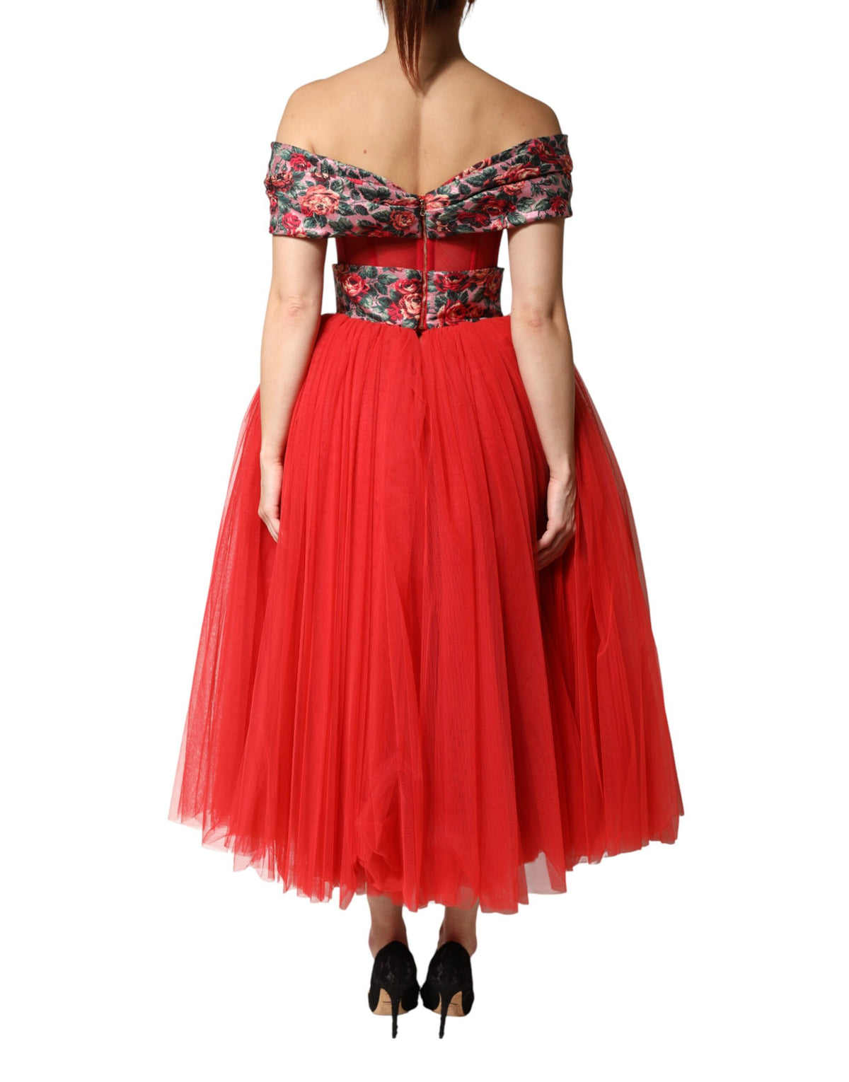 Indulge in the allure of the Dolce & Gabbana Red Floral Off Shoulder A-line Gown, where exquisite craftsmanship meets luxurious materials, embodying timeless elegance for the discerning individual.