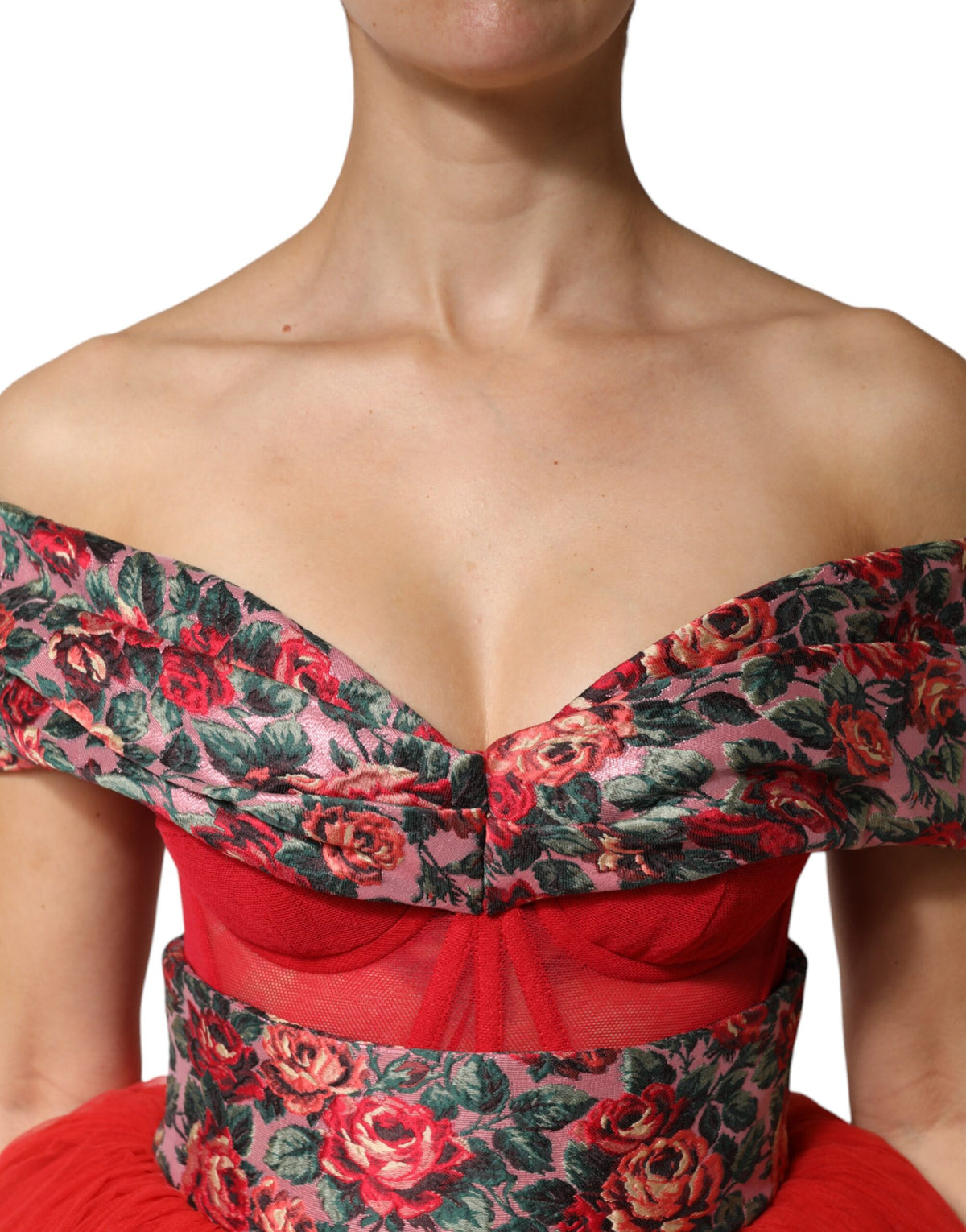 Indulge in the exquisite allure of the Dolce & Gabbana Red Floral Off Shoulder A-line Gown, where luxurious materials meet timeless craftsmanship for a statement of elegance.
