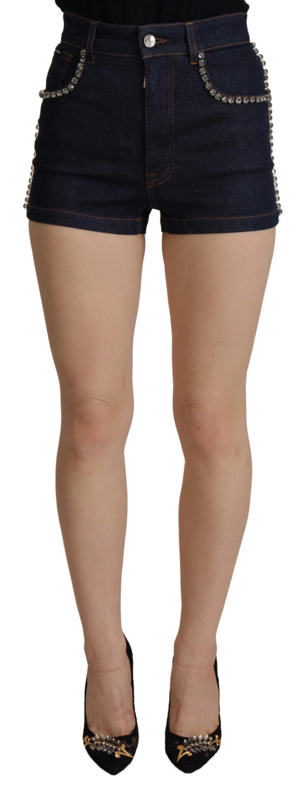 Elevate your wardrobe with Dolce & Gabbana's Blue Denim Stretch Crystal Hot Pants, where Italian craftsmanship meets luxurious allure for the modern connoisseur.