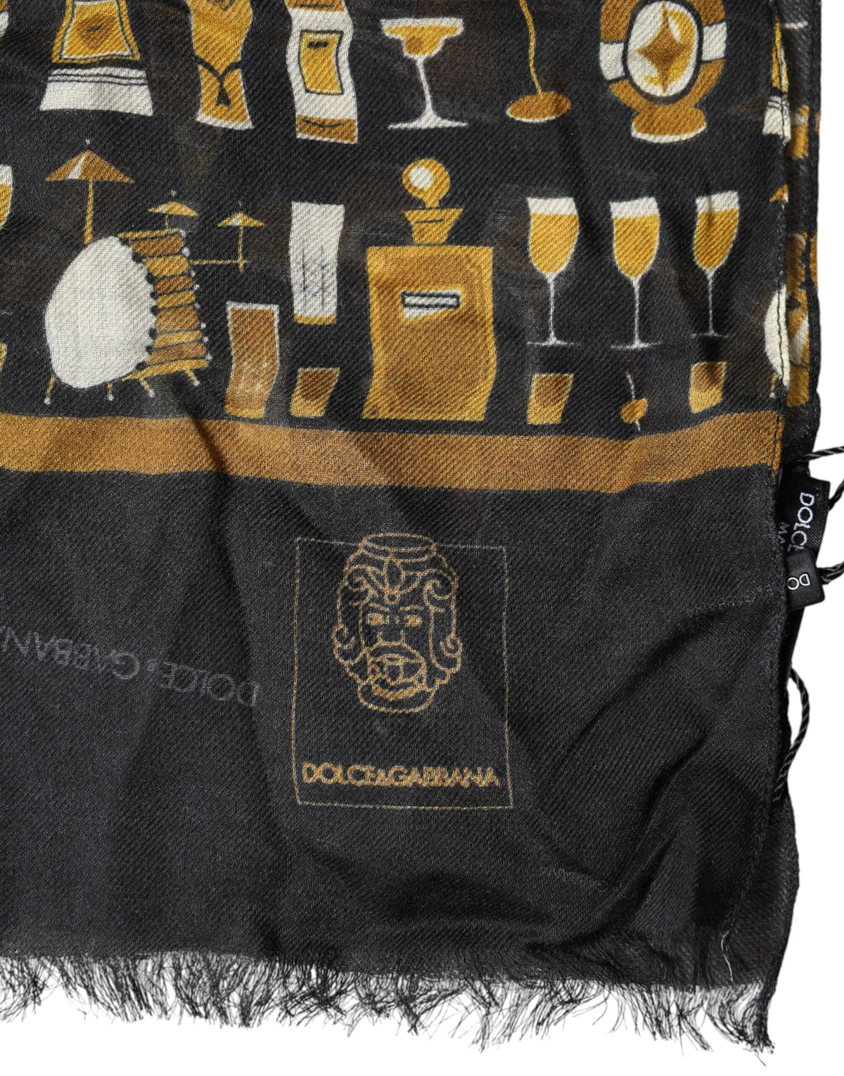 Indulge in the Dolce & Gabbana Black Jazz Club Print Neck Wrap Shawl Scarf, a luxurious blend of 90% MD and 10% WS, crafted in Italy for timeless elegance and versatile styling.