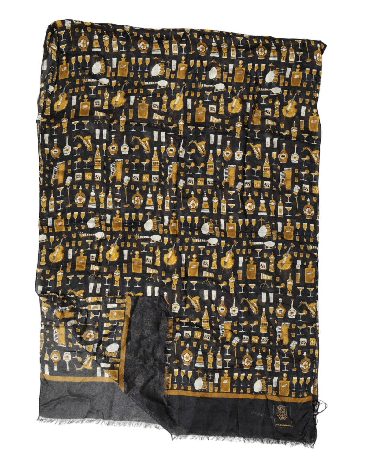 Indulge in the exquisite Dolce & Gabbana Black Jazz Club Print Neck Wrap Shawl Scarf, crafted from a luxurious blend of 90% MD and 10% WS, embodying timeless elegance and sophistication.