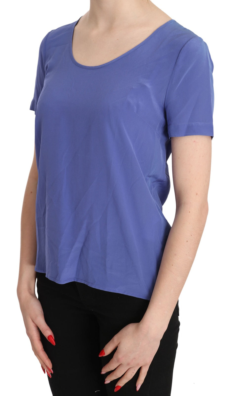Indulge in the exquisite Patrizia Pepe Silk Purple Short Sleeve Blouse, a timeless piece of luxury crafted from 100% silk, embodying elegance and sophistication for every occasion.