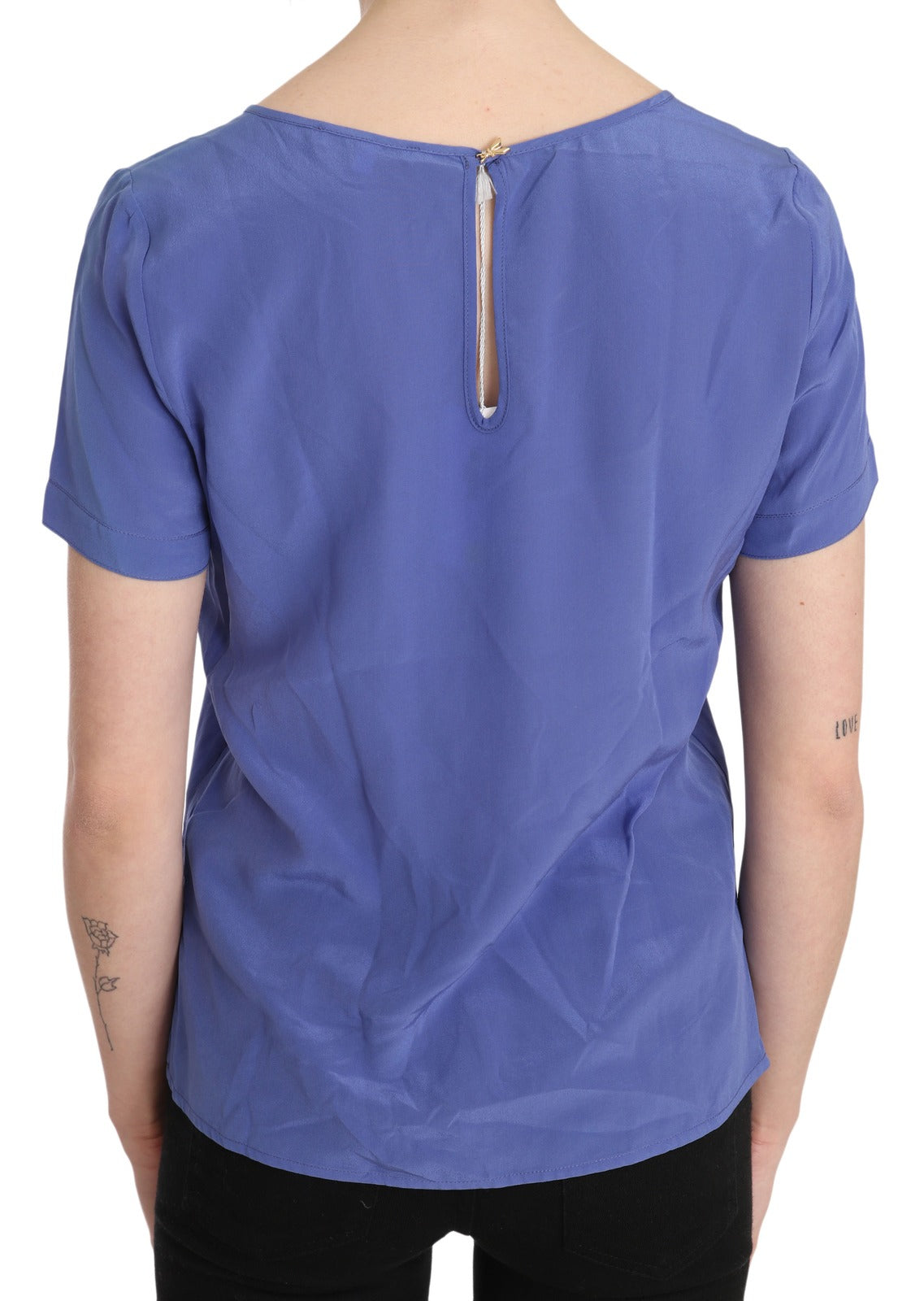Indulge in the exquisite Patrizia Pepe Silk Purple Short Sleeve Blouse, crafted from luxurious silk, embodying elegance and sophistication for every occasion.