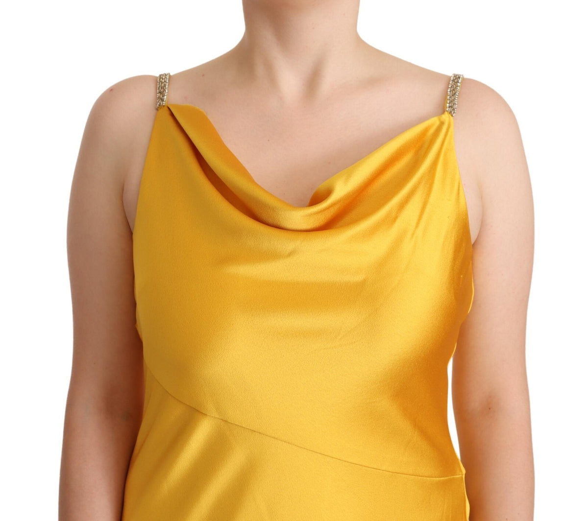 Experience the allure of the Ralph Lauren Yellow Sheath Sleeveless Long Gown, a masterpiece of luxurious polyester that embodies sophistication and elegance for any occasion.