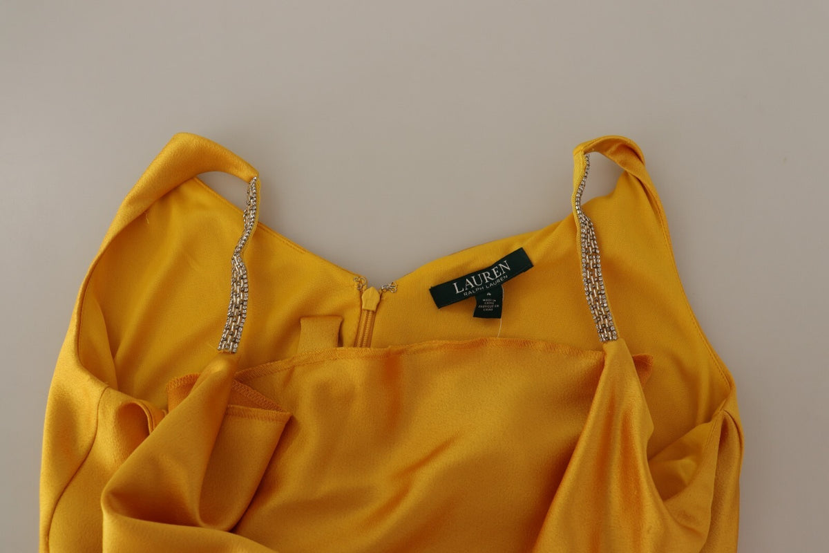 Elevate your elegance with the Ralph Lauren Yellow Sheath Sleeveless Long Gown, crafted from luxurious polyester for a flawless fit that embodies sophistication and allure.
