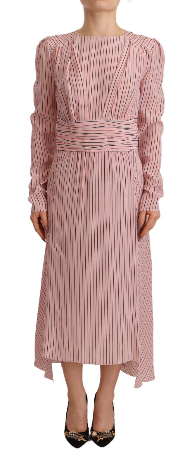 Indulge in the exquisite Ermanno Scervino Pink Stripes Long Sleeves Sheath Midi Dress, a silk masterpiece that embodies timeless elegance and sophisticated allure for unforgettable moments.