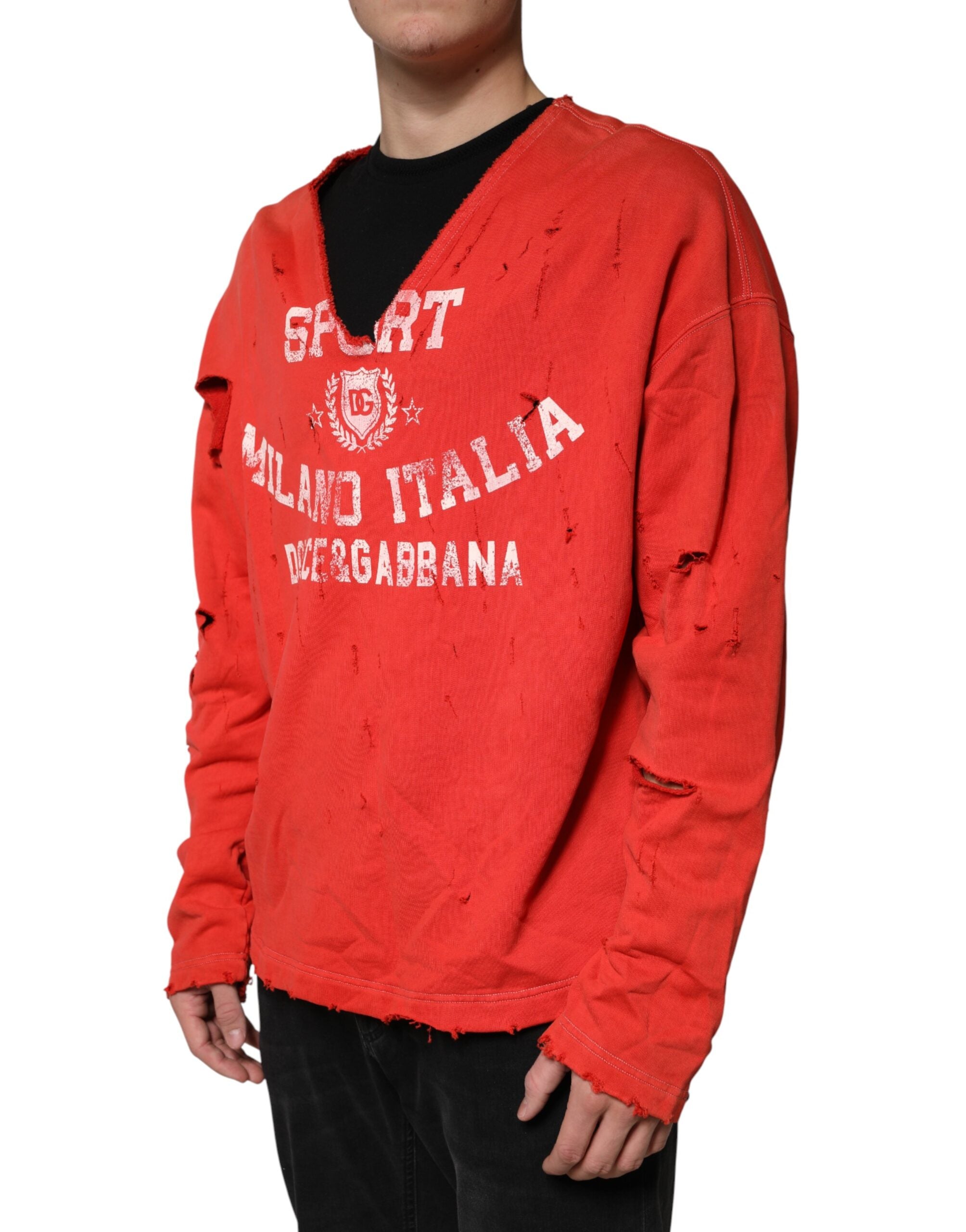 Dolce & Gabbana Red Distressed Cotton V-Neck Sweatshirt Men Sweater