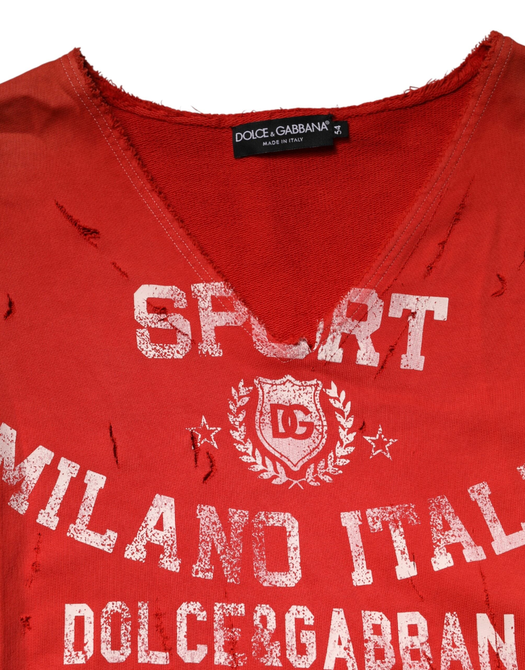 Dolce & Gabbana Red Distressed Cotton V-Neck Sweatshirt Men Sweater