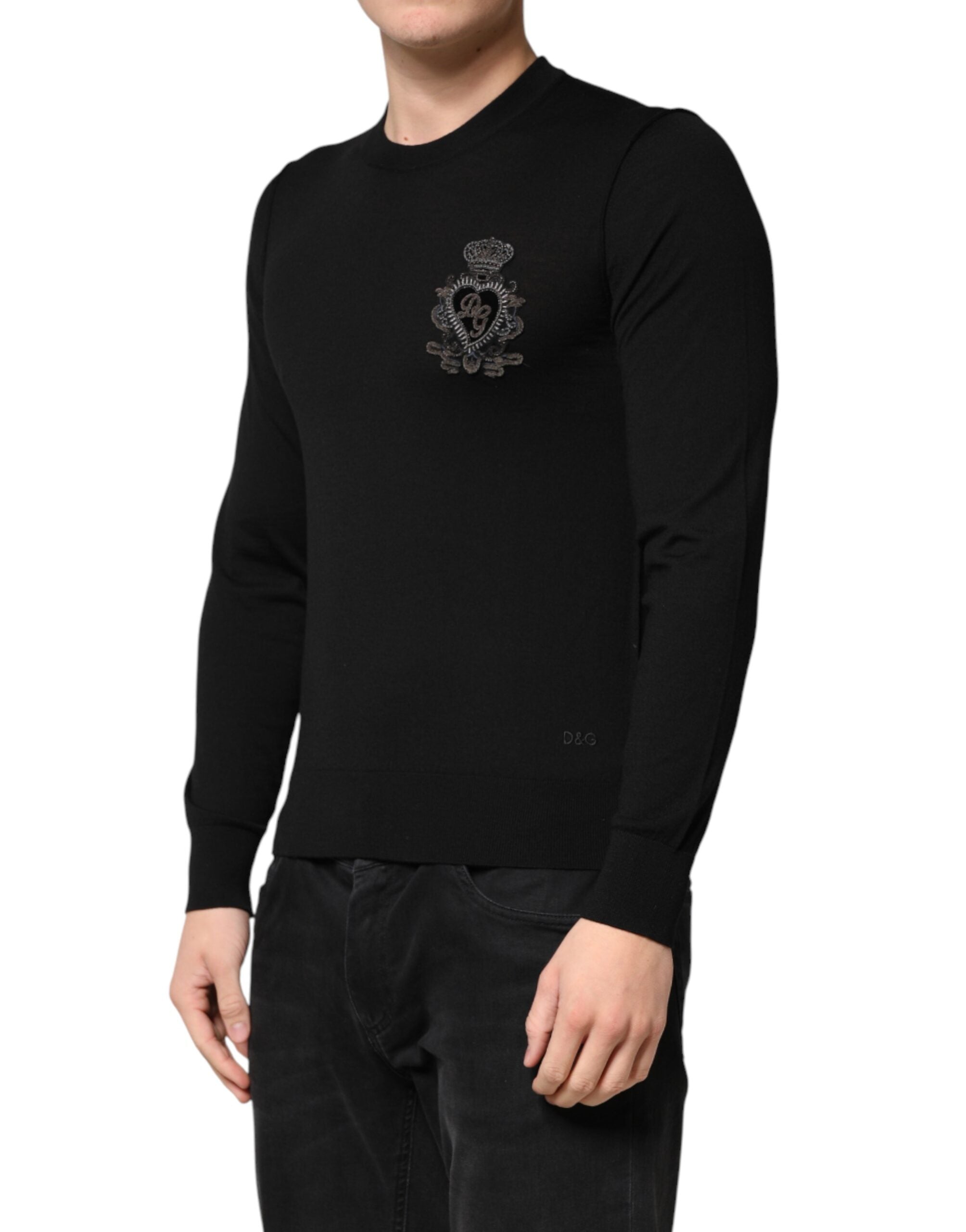 Dolce & Gabbana Black Crest Wool Crew Neck Pullover Sweater