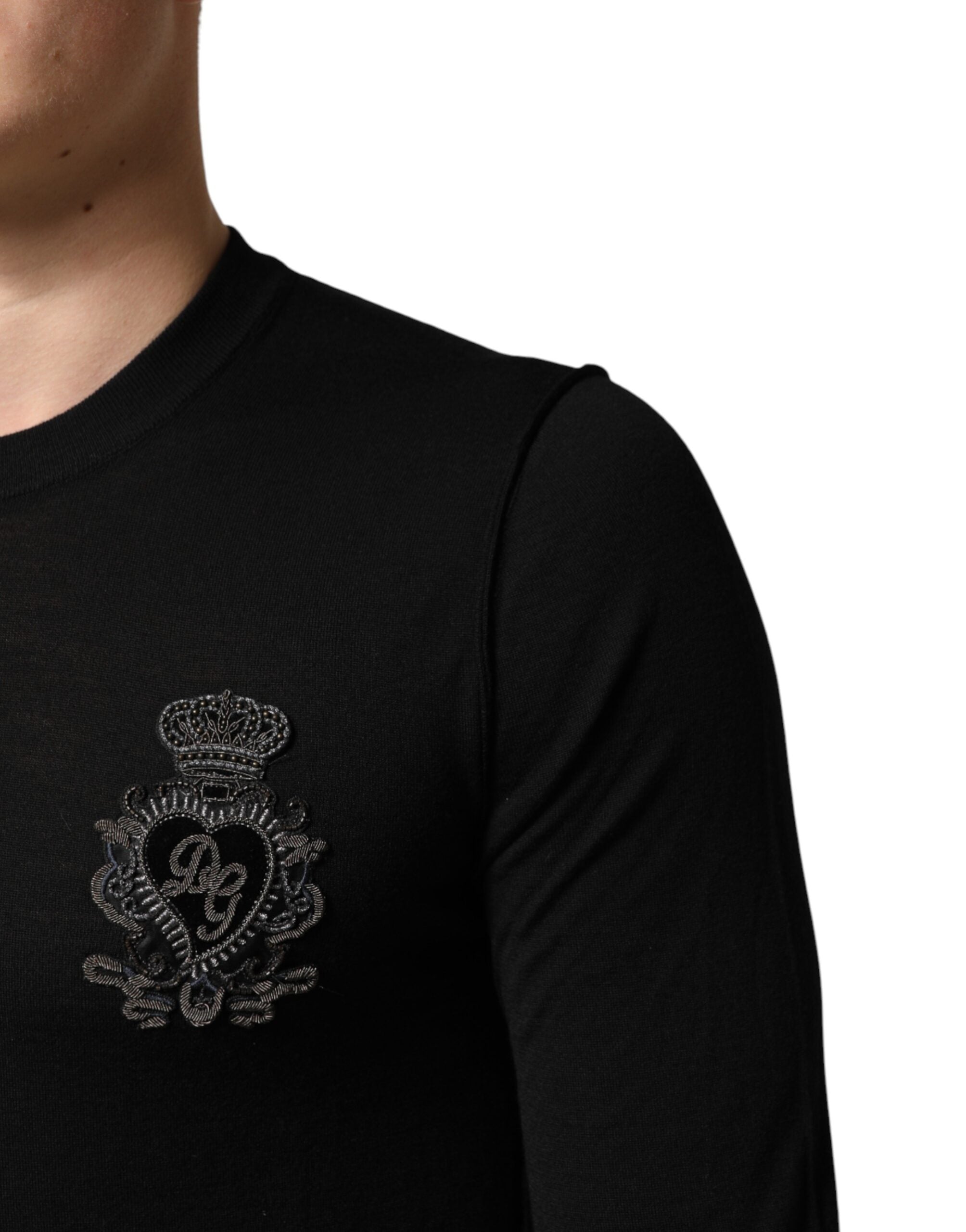 Dolce & Gabbana Black Crest Wool Crew Neck Pullover Sweater