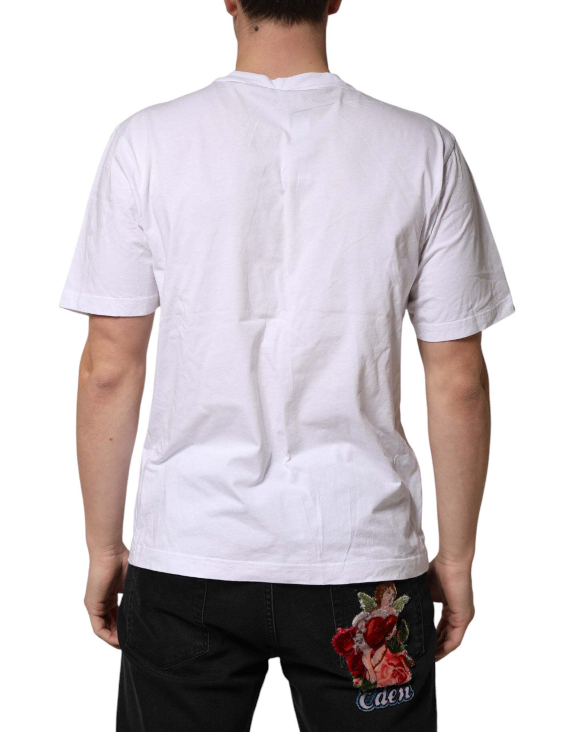 Dolce & Gabbana White Graphic Cotton Men Crew Neck T-shirt