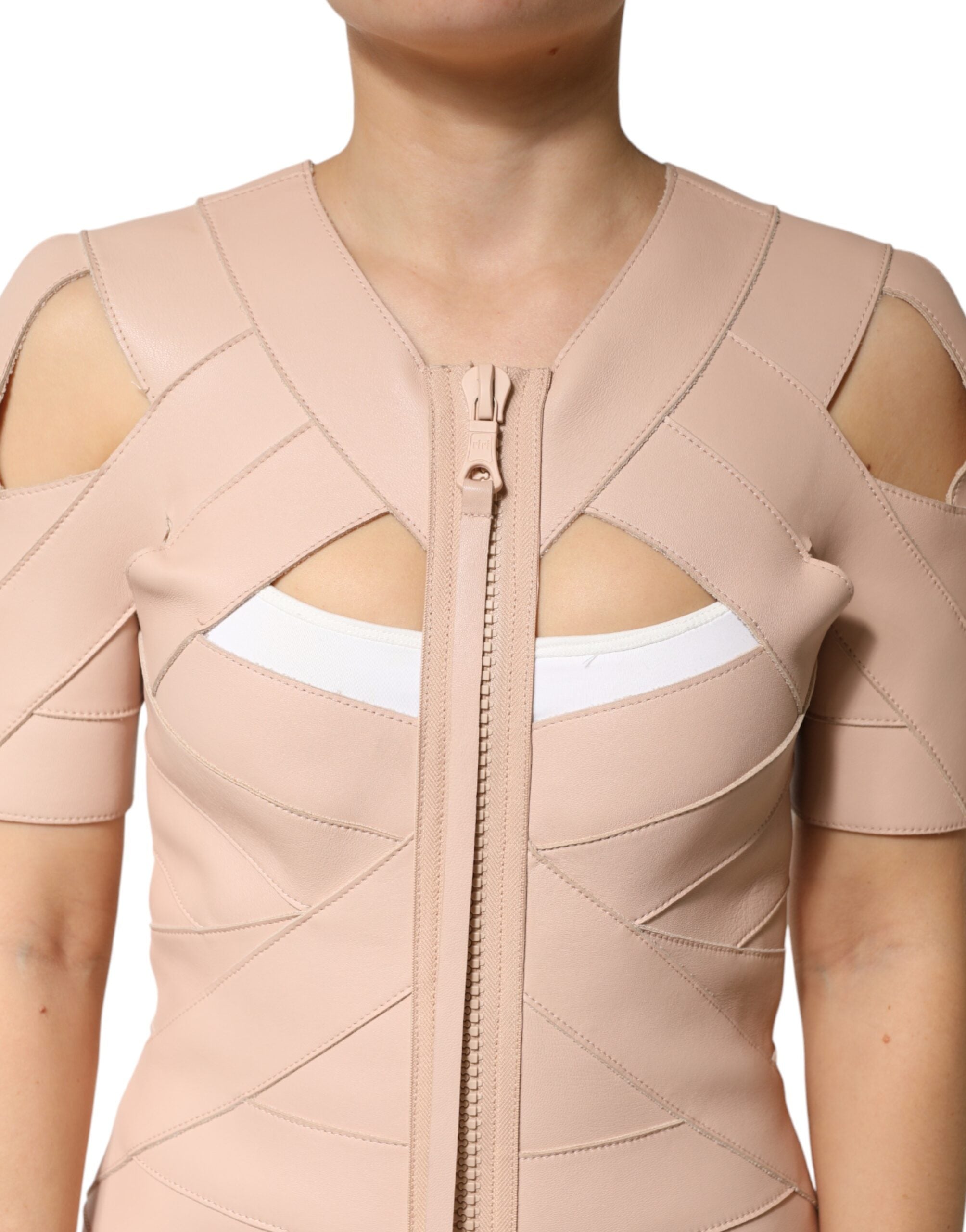 Elevate your elegance with the Dsquared² Beige Leather Short Sleeves Sheath Mini Dress, a masterpiece of Italian craftsmanship designed to accentuate your allure.