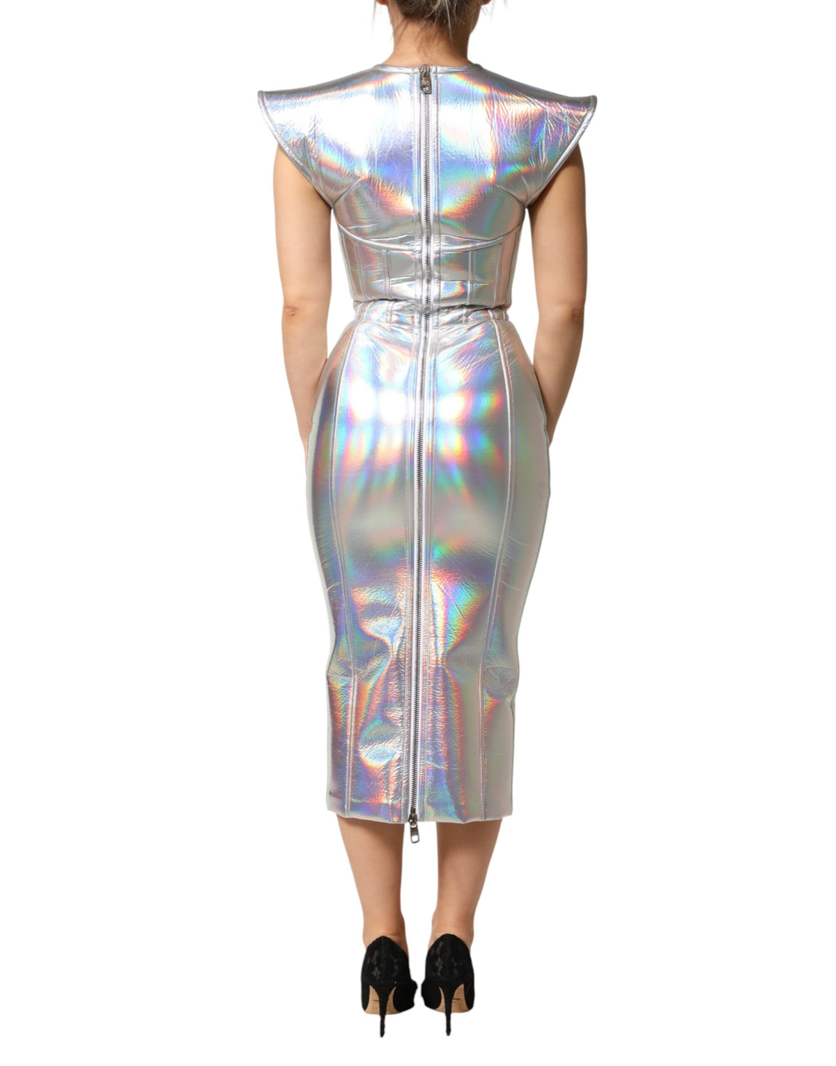 Experience the allure of the Dolce & Gabbana Silver Iridescent Bodycon Sheath Midi Dress, a masterpiece of Italian craftsmanship that elevates eveningwear with its luxurious elegance.