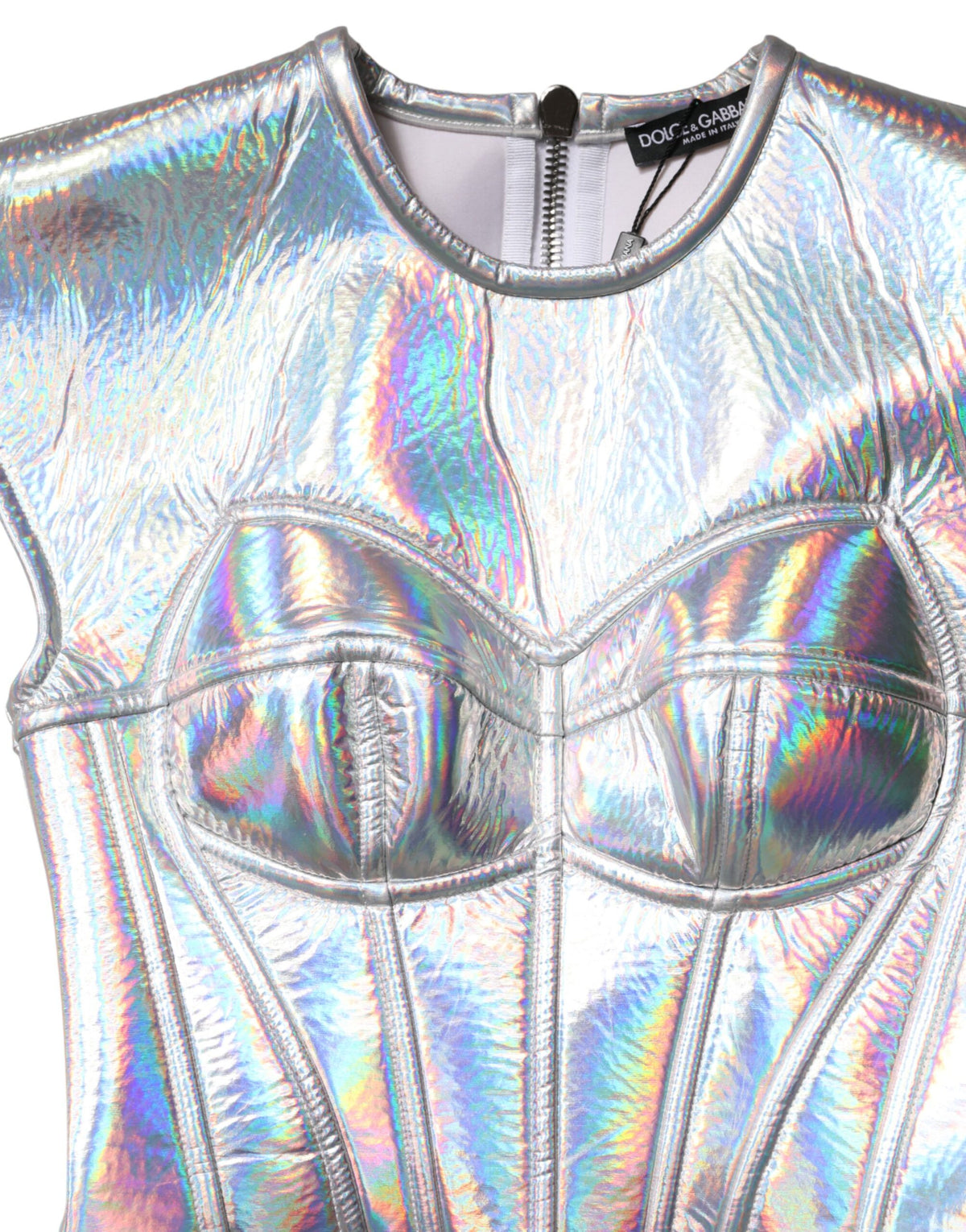 Elevate your eveningwear with the Dolce & Gabbana Silver Iridescent Bodycon Sheath Midi Dress, a masterpiece of Italian craftsmanship that embodies luxury and allure.