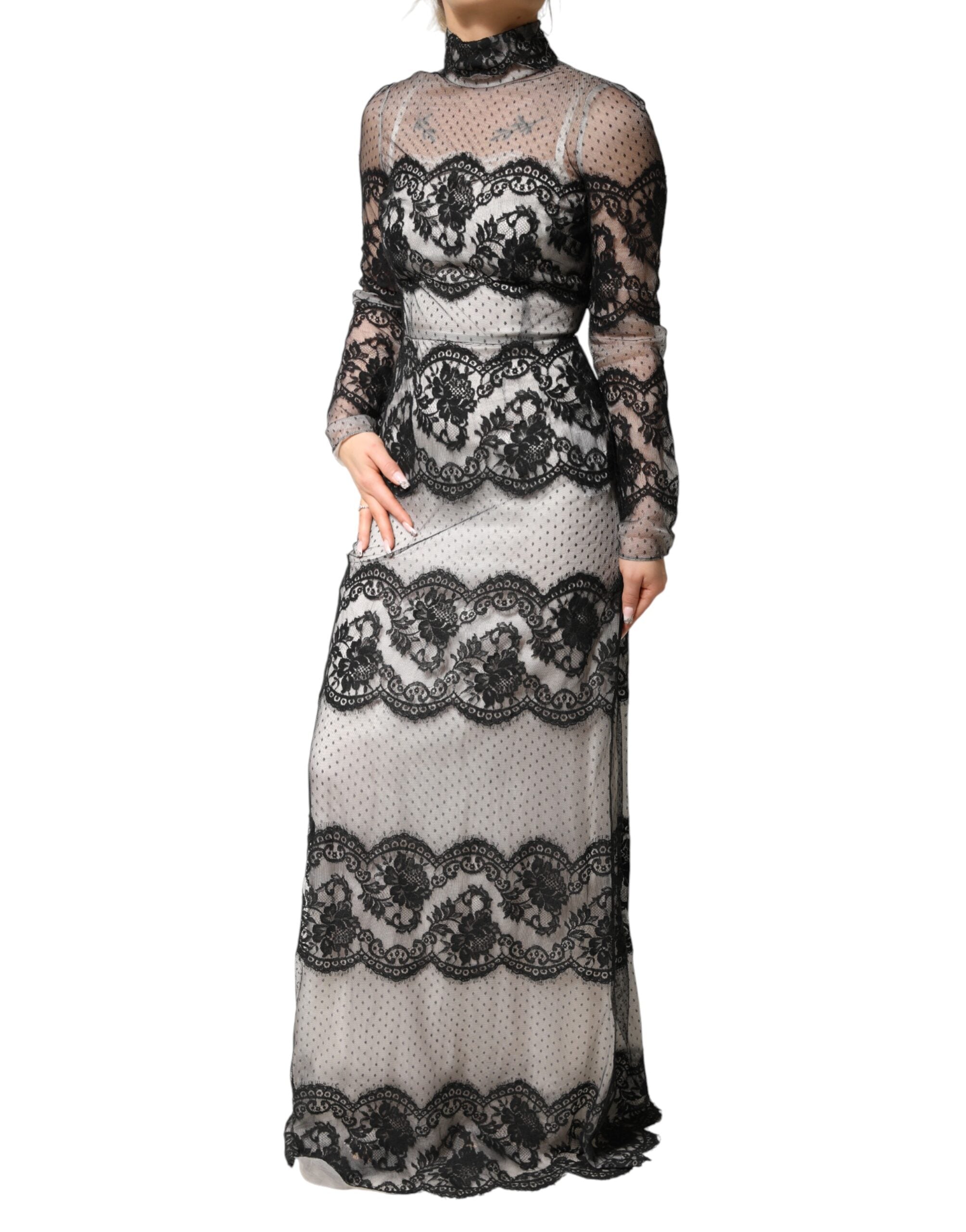 Indulge in the exquisite Dolce & Gabbana Black White Lace Silk Blend MaxiSheath Dress, a timeless masterpiece that embodies luxury and sophistication for any elegant occasion.