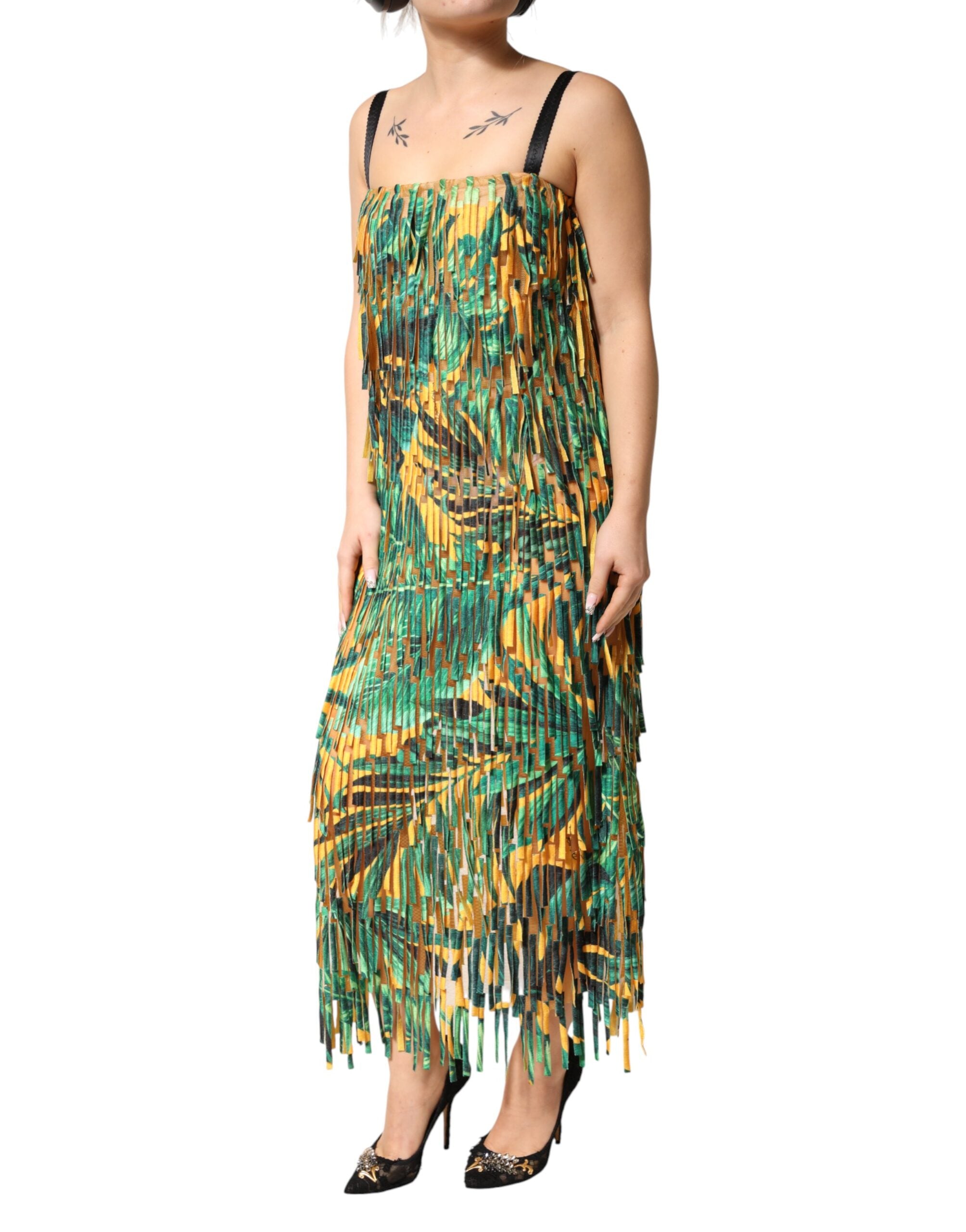 Indulge in the exquisite Dolce & Gabbana Multicolor Tropical Print Fringe Maxi Dress, a luxurious blend of cotton and polyester, handcrafted in Italy for effortless elegance and timeless allure.