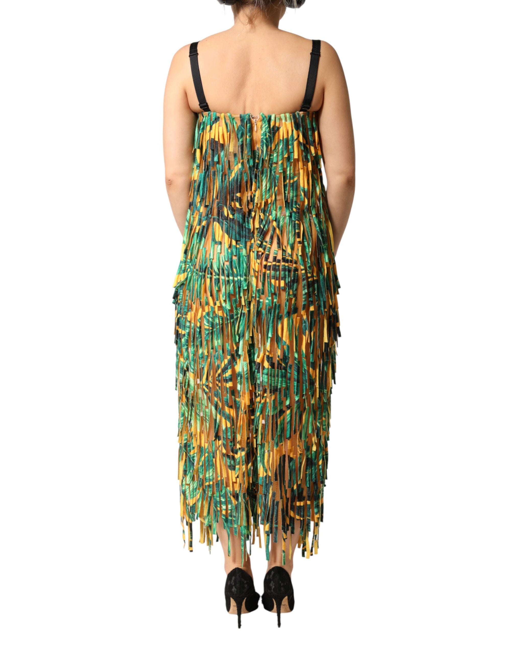 Indulge in the exquisite Dolce & Gabbana Multicolor Tropical Print Fringe Maxi Dress, a luxurious blend of cotton and polyester, handcrafted in Italy for effortless elegance and timeless allure.