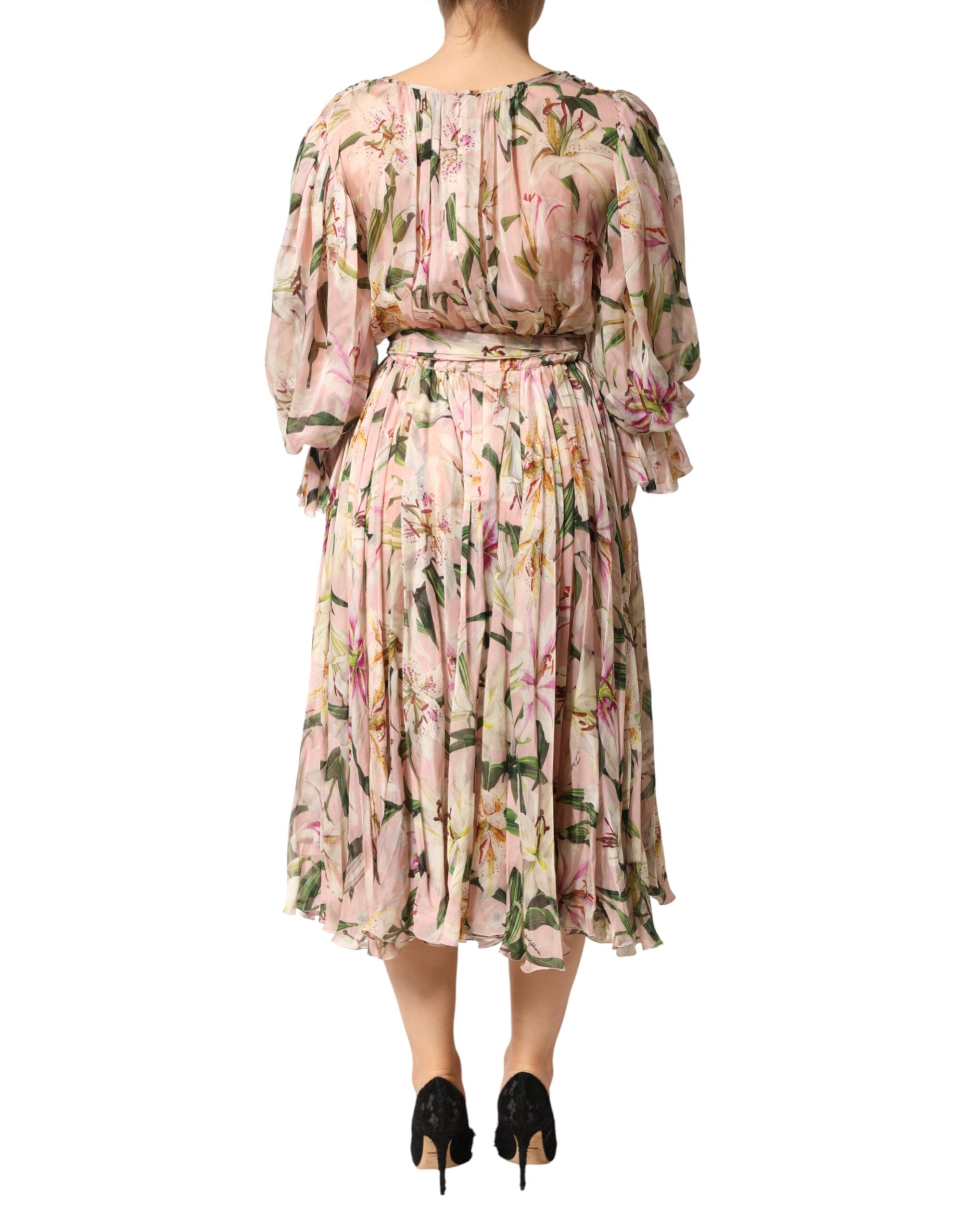 Experience the allure of the Dolce & Gabbana Pink Lily Print A-line Pleated Maxi Dress, a silk masterpiece that embodies elegance and exquisite Italian craftsmanship for unforgettable moments.