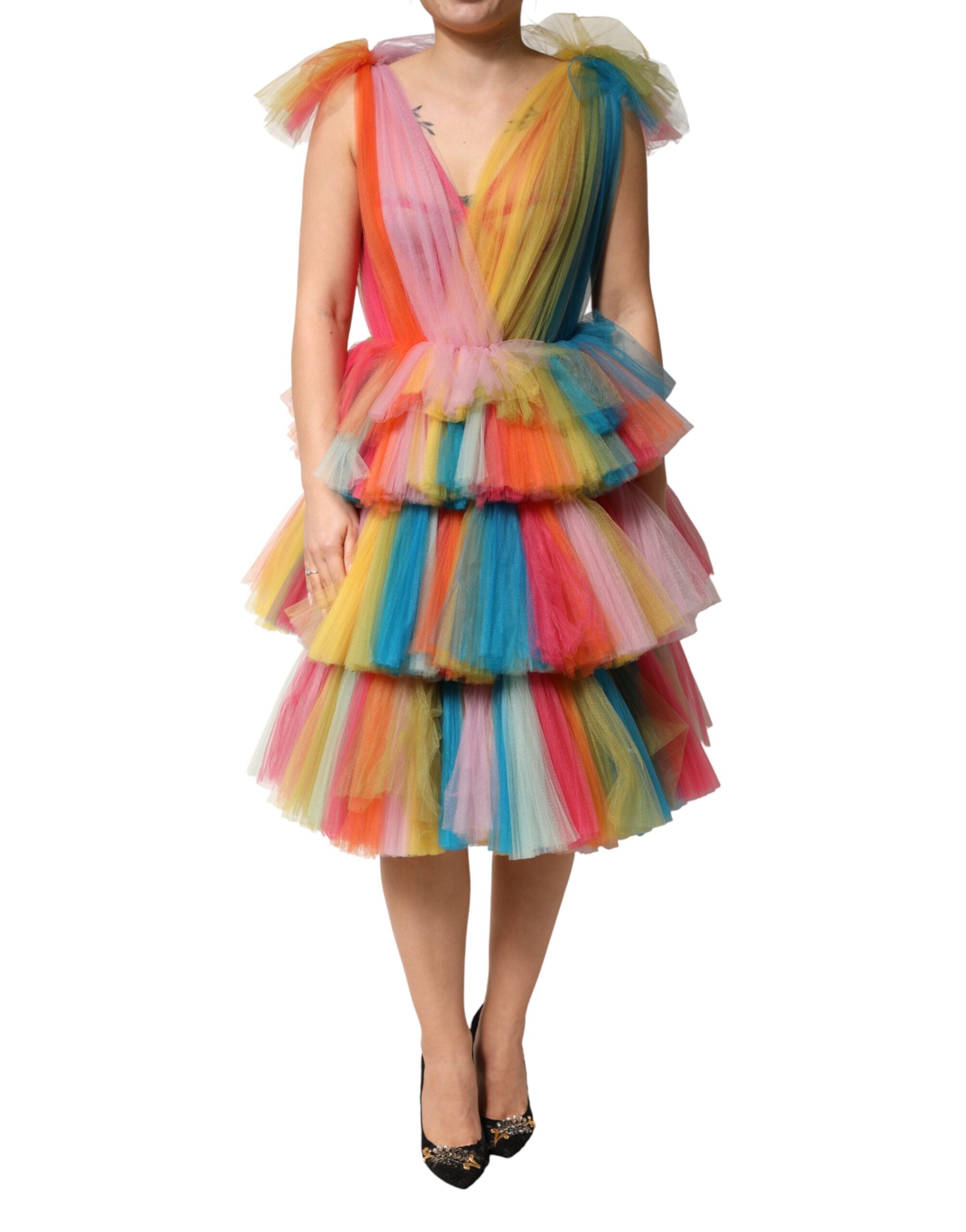 Indulge in the exquisite allure of the Dolce & Gabbana Multicolor Nylon Tiered Tulle Midi Dress, a masterpiece of Italian craftsmanship that embodies elegance and sophistication for every occasion.