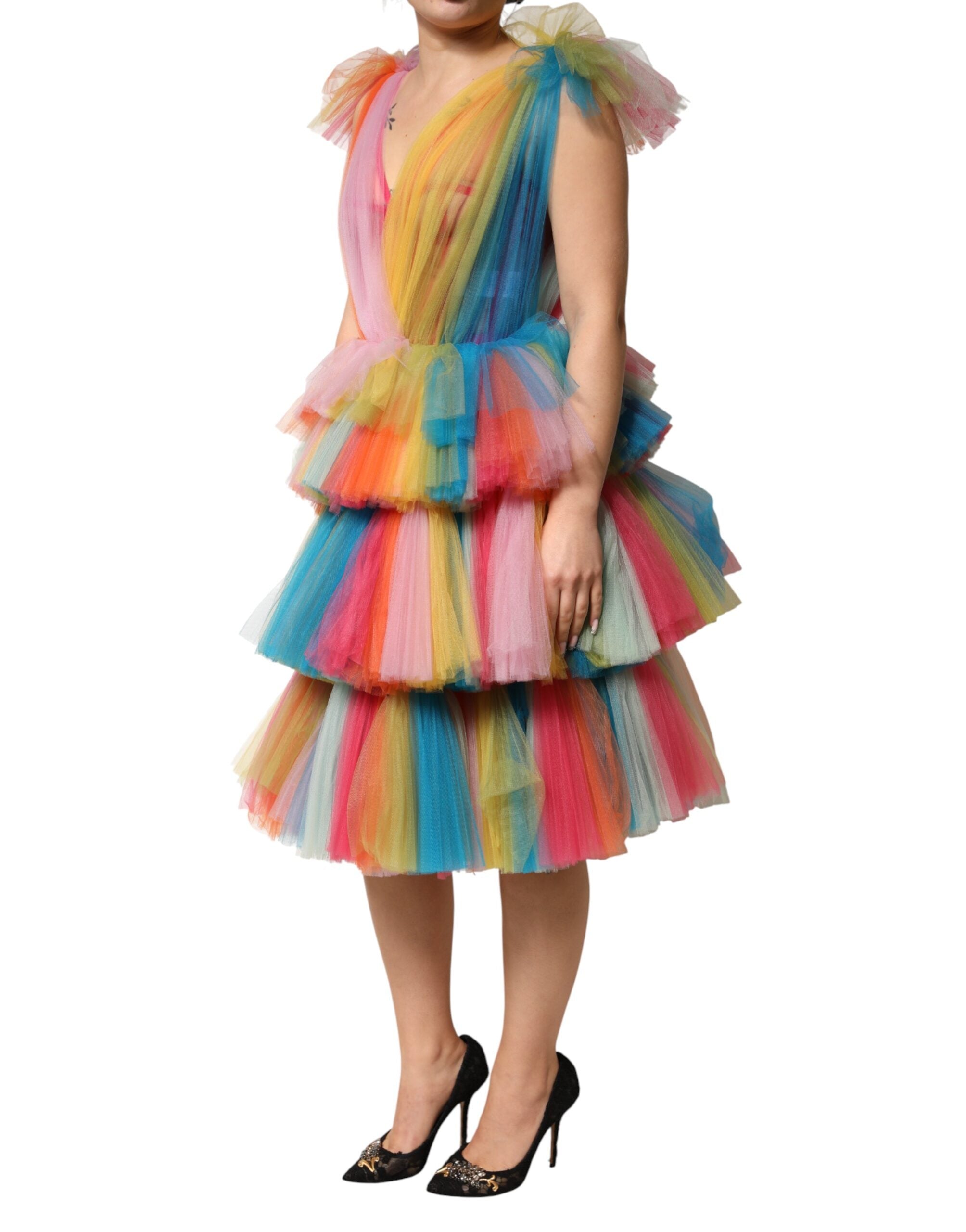 Indulge in the exquisite allure of the Dolce & Gabbana Multicolor Nylon Tiered Tulle Midi Dress, a masterpiece of Italian craftsmanship designed for those who embody elegance and confidence.