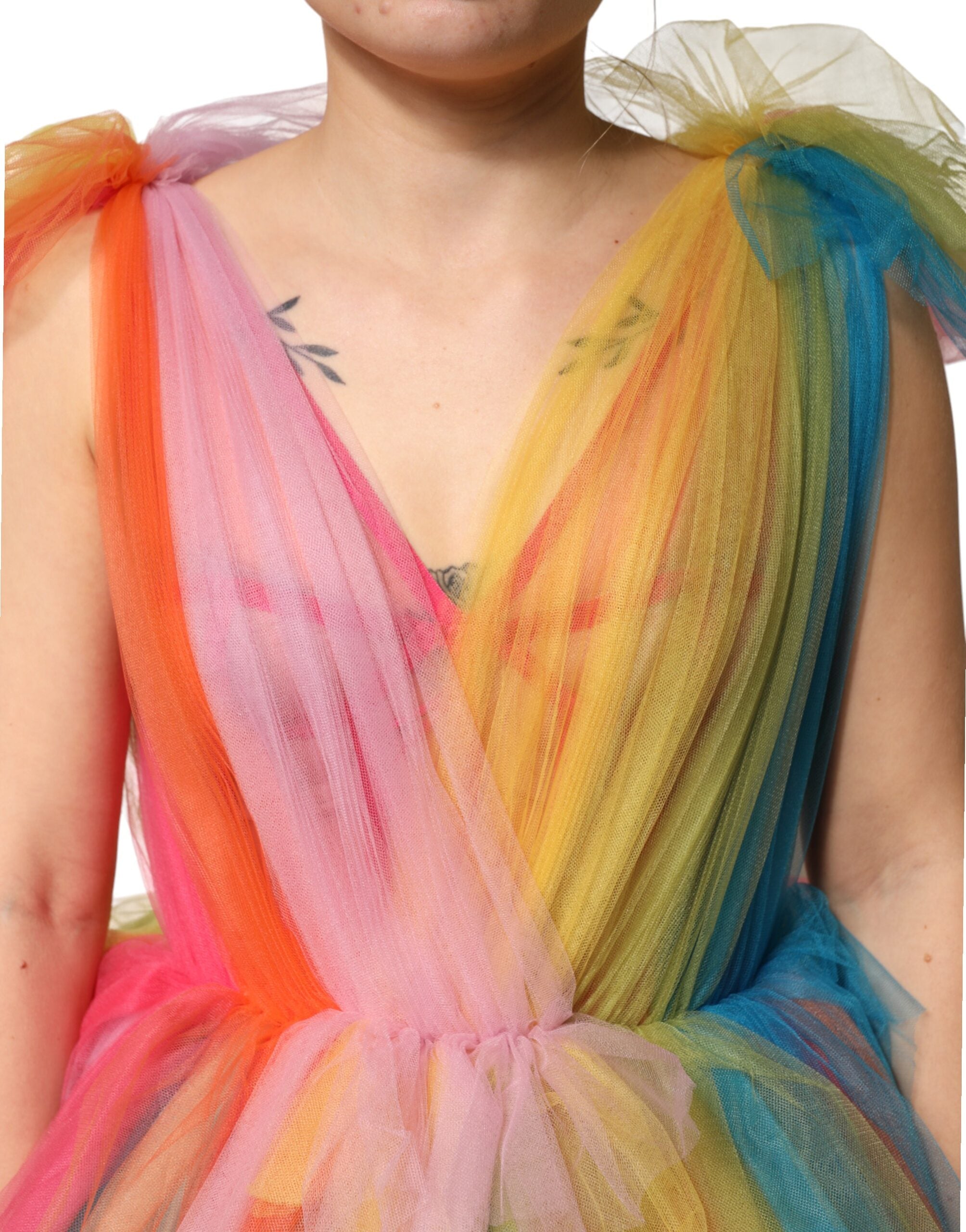 Indulge in the exquisite artistry of the Dolce & Gabbana Multicolor Nylon Tiered Tulle Midi Dress, where luxurious craftsmanship meets vibrant elegance, perfect for unforgettable occasions.