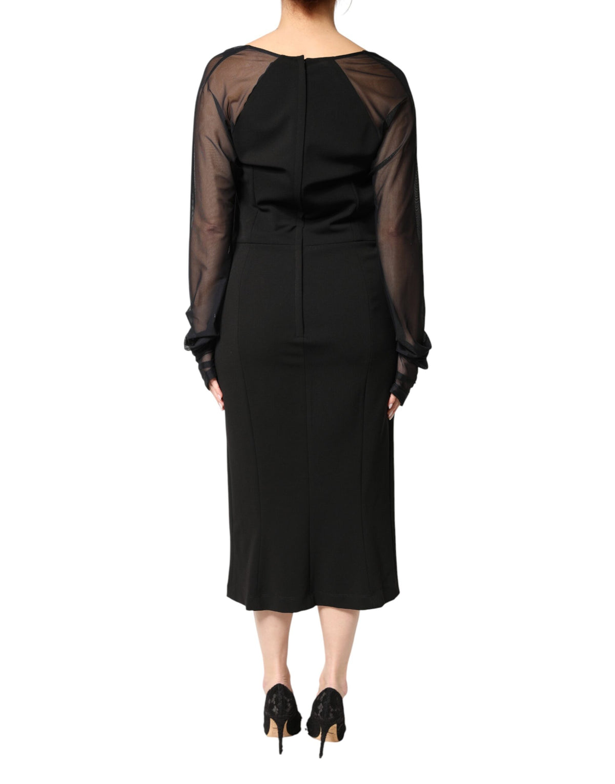 Indulge in the exquisite Dolce & Gabbana Black Sheer Yoke Rosette Midi Dress, a masterpiece of Italian craftsmanship that embodies luxury and timeless elegance.